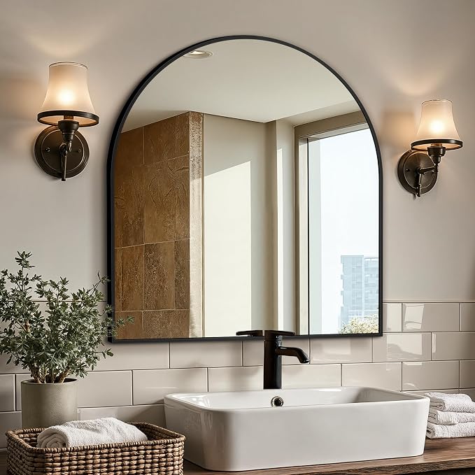 Vanity Bathroom Mirror for Wall, 2 Pack 30"x20" Arched Bathroom Mirror for Over Sink, Arched Metal Frame for Bedroom, Living Room, Entryway, Hanging or Leaning, Black