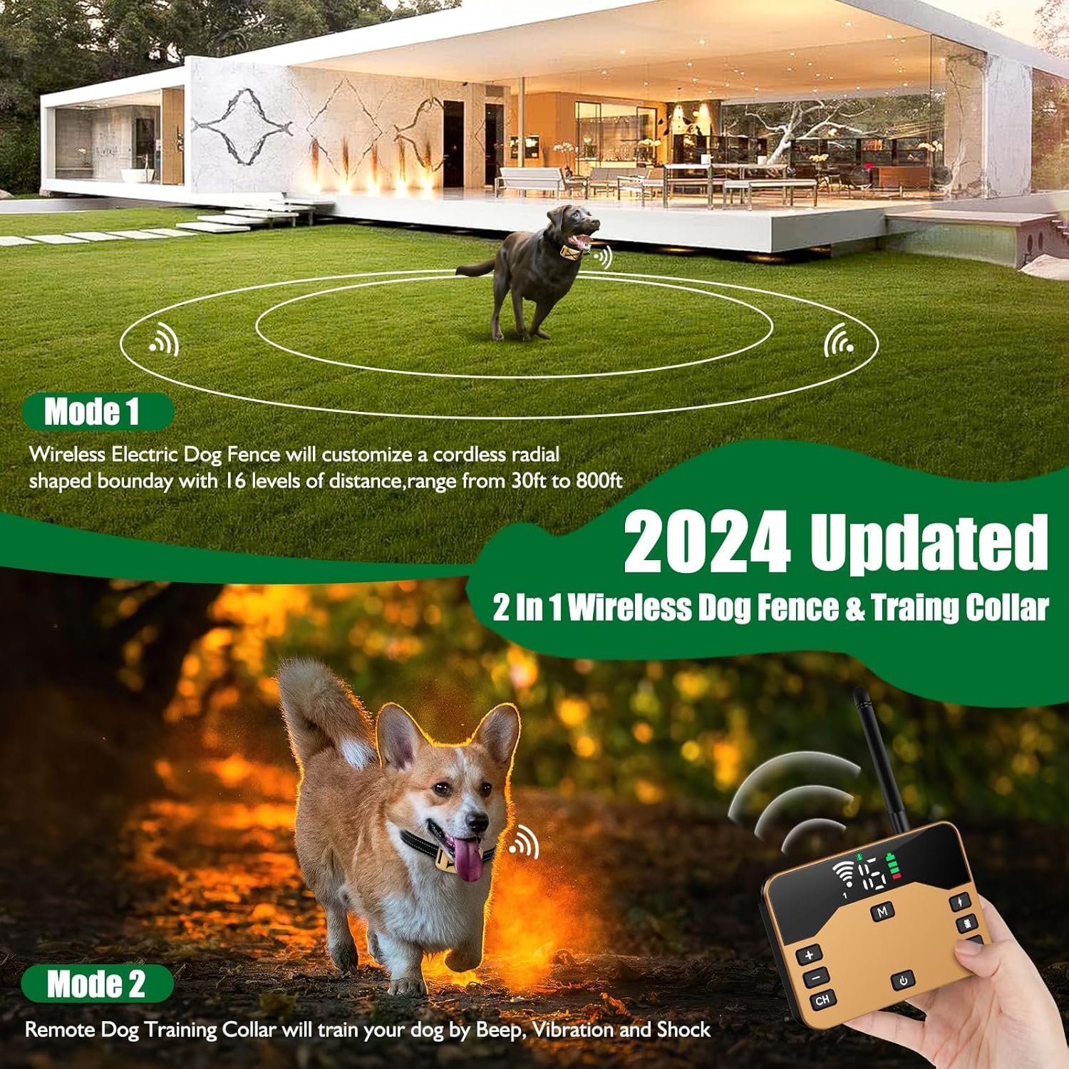Wireless Dog Fence，Electric Dog Fence Wireless System & Training Collar,2-in-1 Wireless Safe Boundary,Adjustable Pet Containment Fence System,Rechargeable Collar for Dogs.（Gold） (Extra Collar)