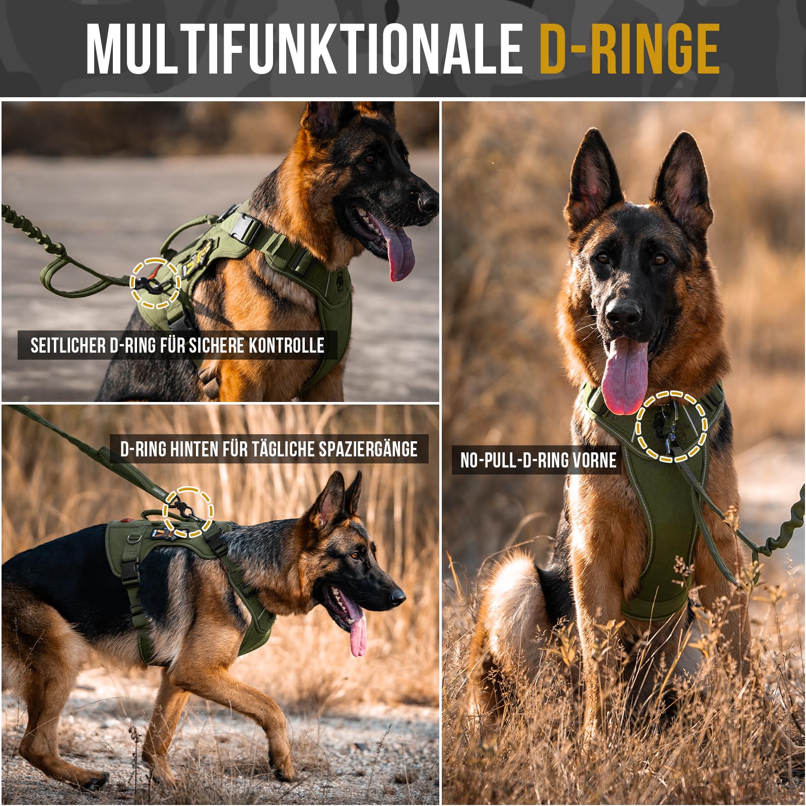 OneTigris Hundegeschirr Große Hunde, TACTILITE Taktisches Langlebig Anti Zug Geschirr, No Pull Verstellbar Brustgeschirr mit 4 D-Ringe, Reflexstreifen Grün XL