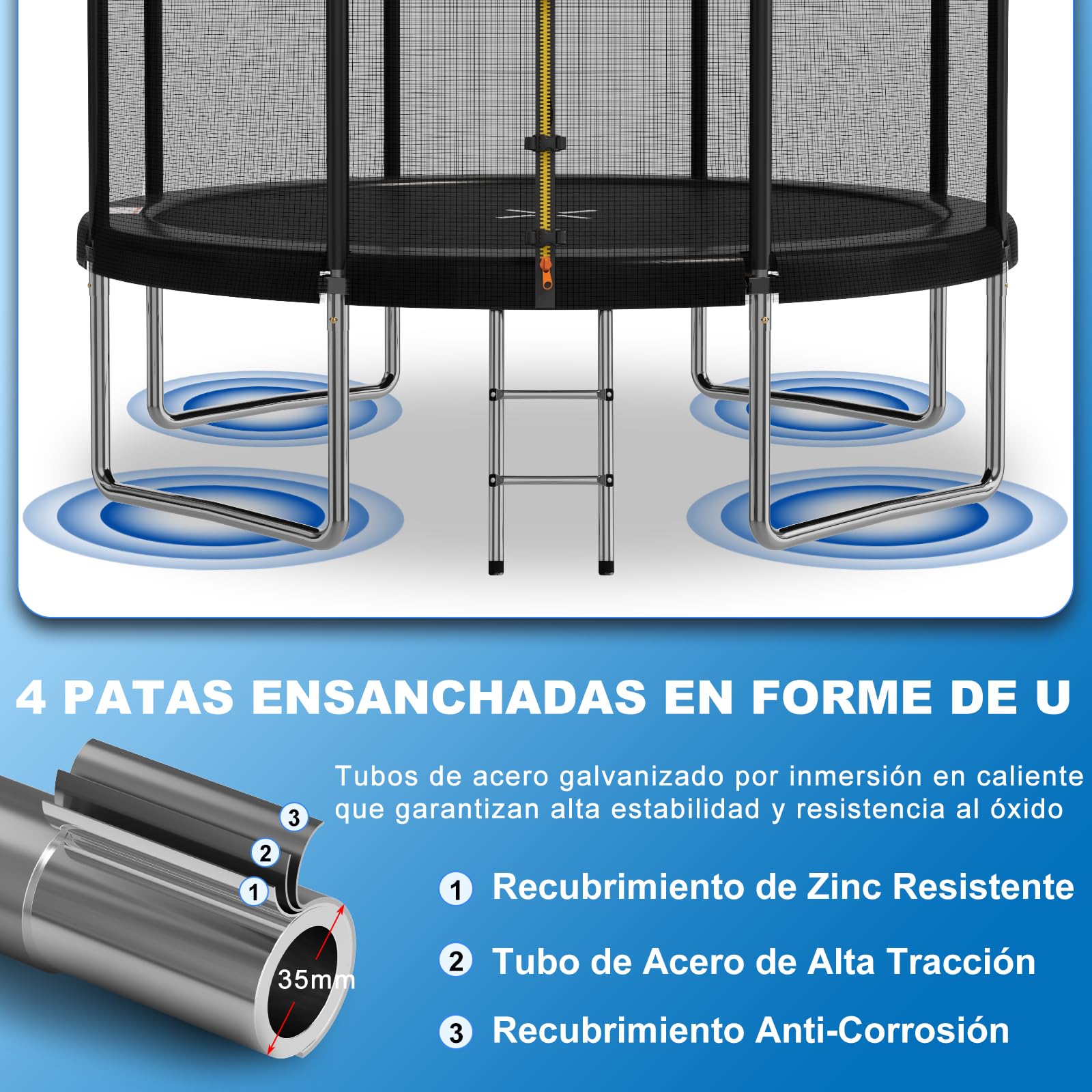 Devoko Cama Elástica Exterior para Niños Ø 183/228/305/366/427 cm, Trampolines para Niños con Malla de Zapatos, Escalera, Red de Seguridad, Capacidad de Carga 50-150 kg