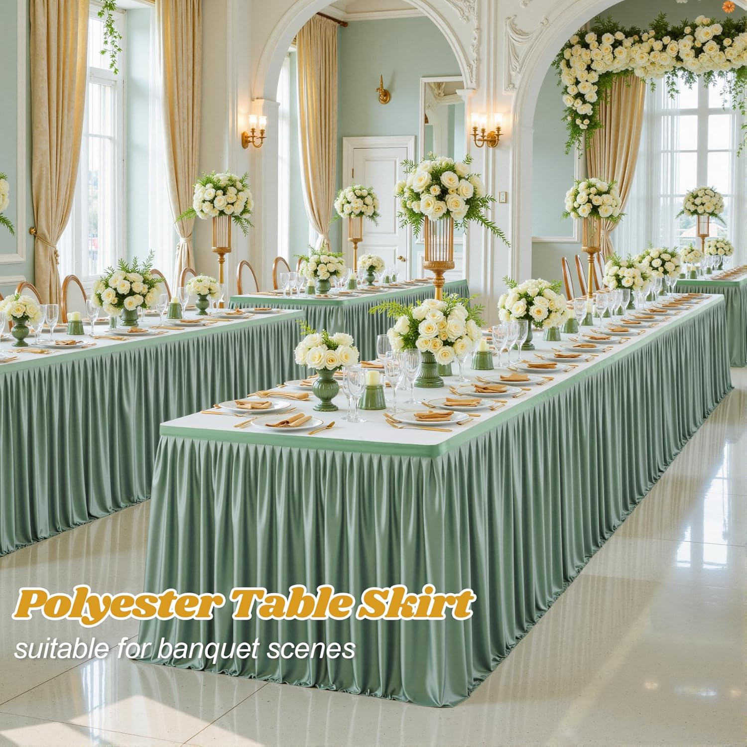 Wish Care 17ft Long Sage Green Table Skirt for Rectangle Tables - Wrinkle Resistant Polyester Pleated Table Skirting for Parties Weddings Office