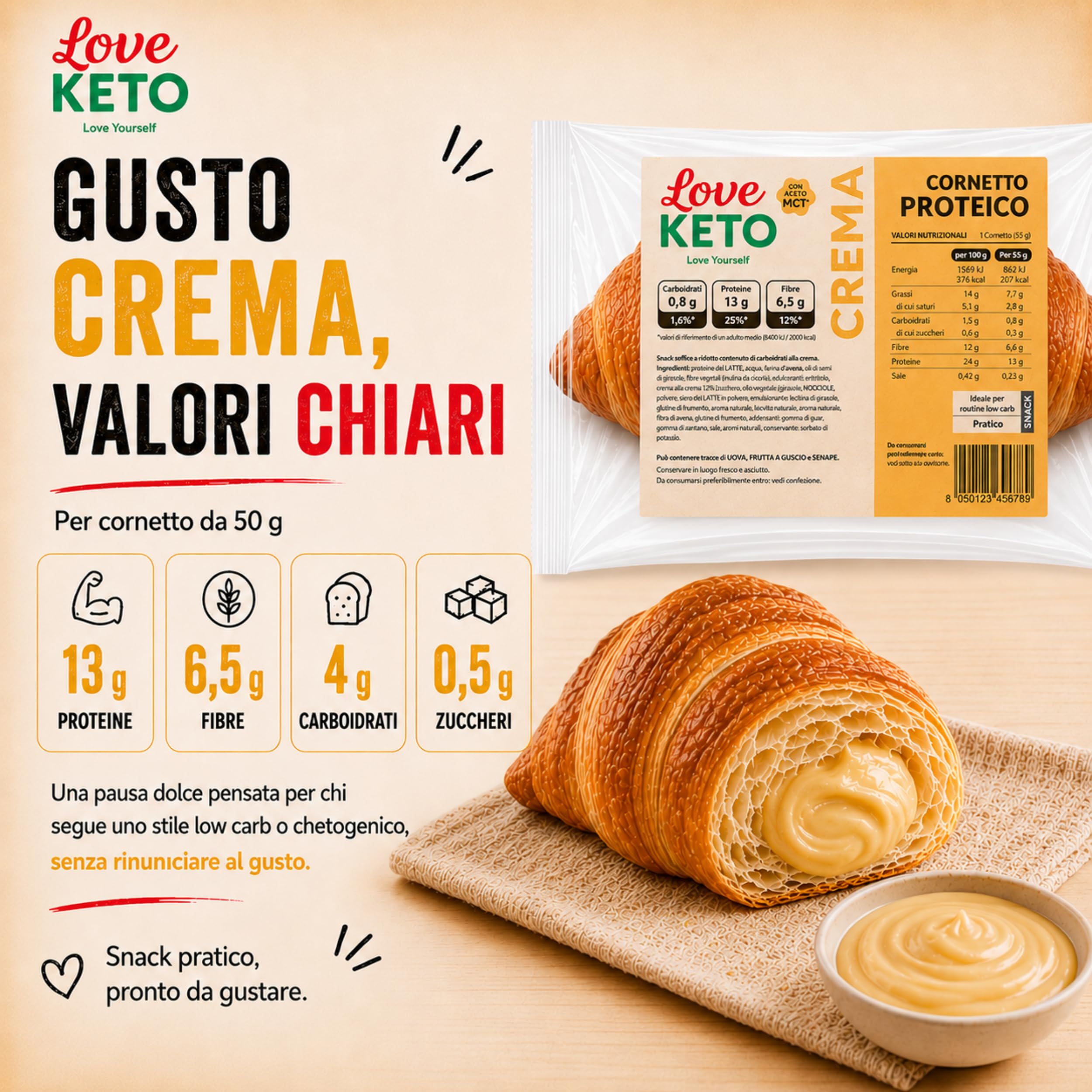 Cornetti proteici low carb ripieni alla crema 20 confezioni da 50gr - Made in Italy