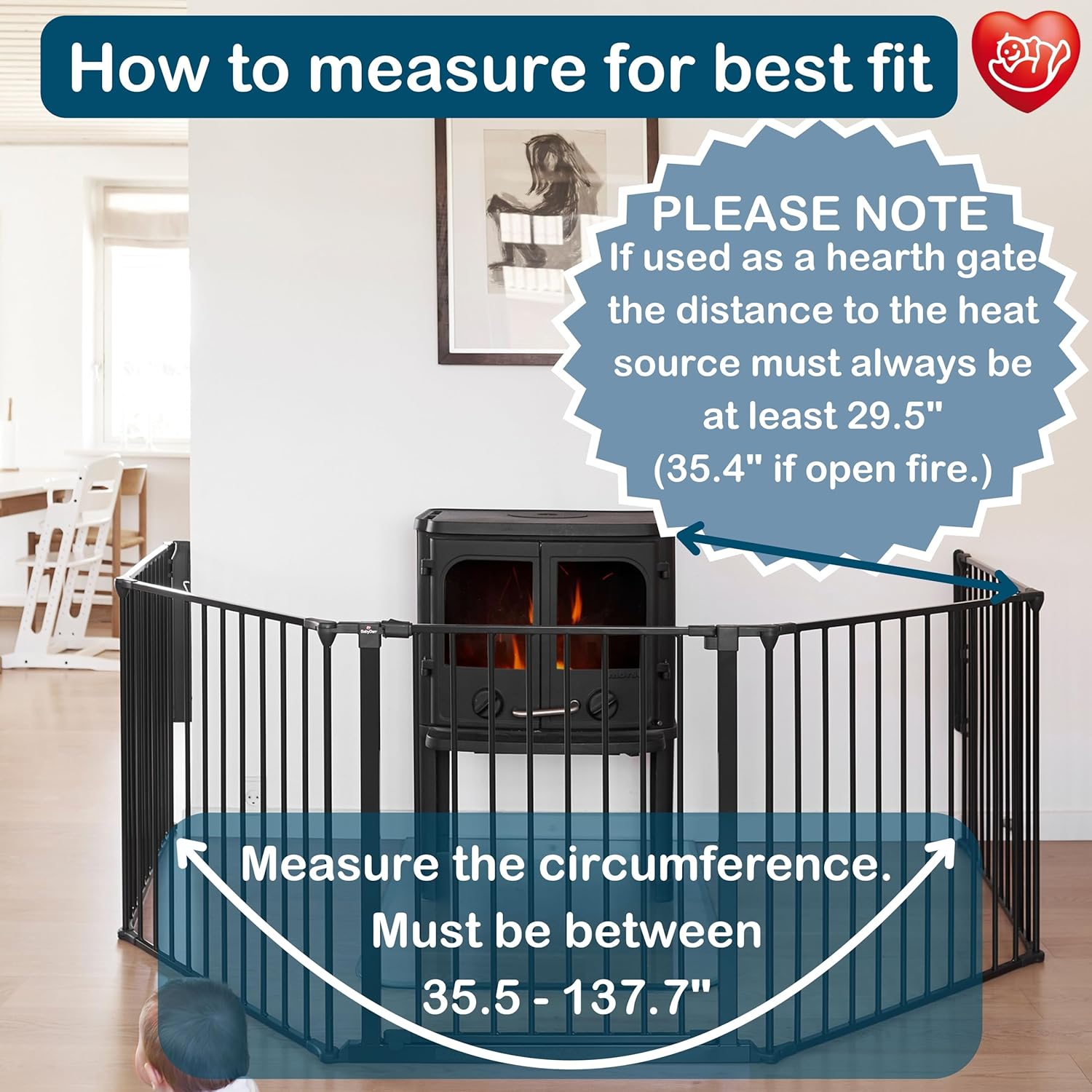 Skýringarmynd sem sýnir hvernig á að mæla til að ná sem bestum árangri og öryggisfjarlægð milli arinhliðs