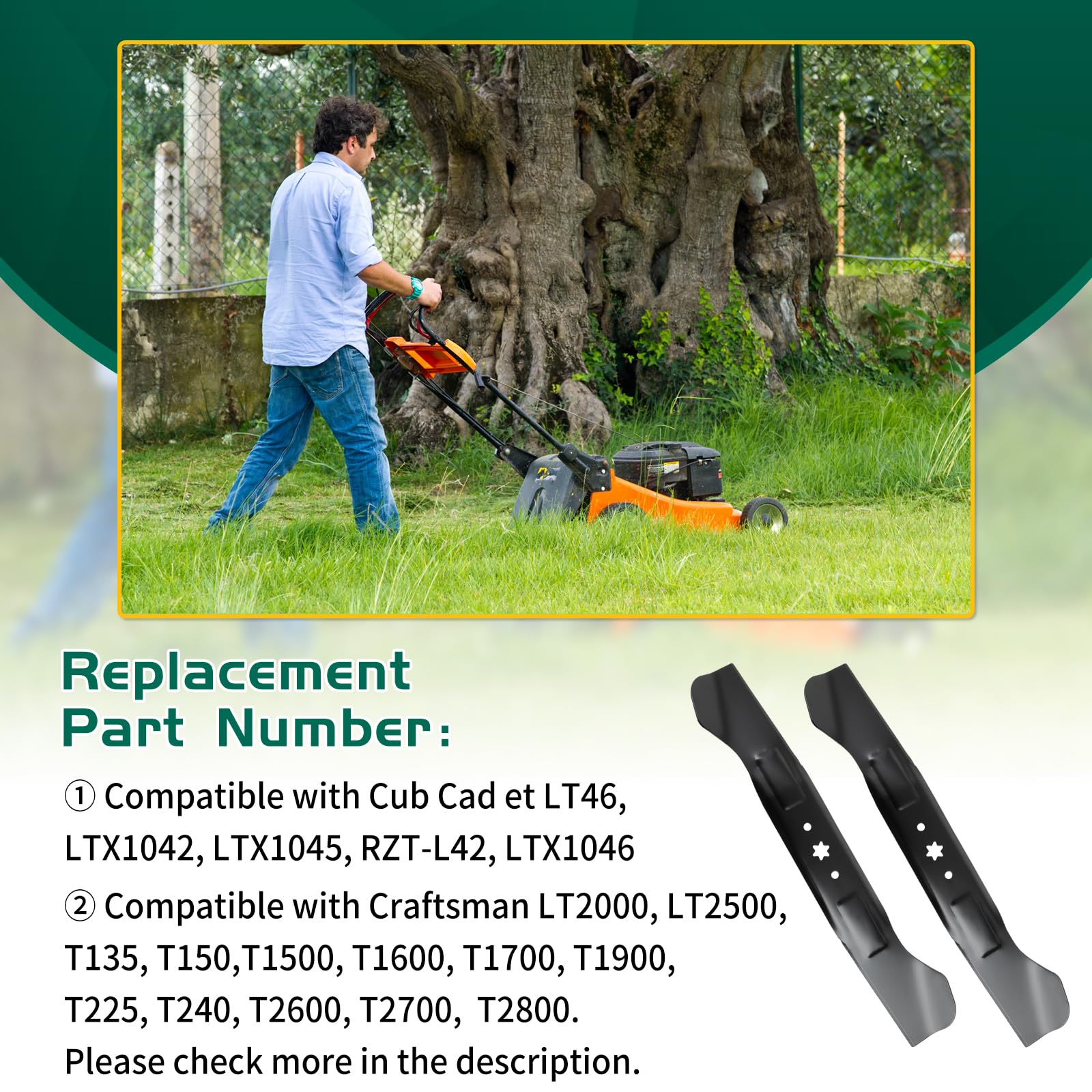 942-04244 Cuchilla de cortacésped para cubierta de 46 pulgadas compatible con Cut MTD/Cub Ca det/Troy-B ilt XT1, XT2, LT46, LTX1045, LTX1046, reemplaza 742-04244 942-04244A 742-04290, Paquete