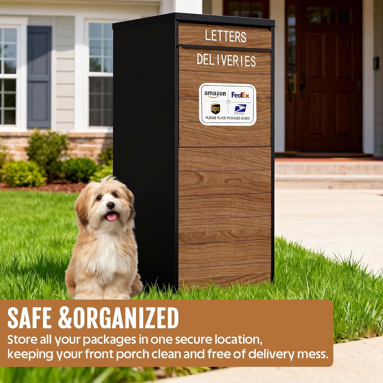 Package Delivery Box for Outside, 41.7” Large Parcel Drop Box with Woodgrain Finish, Anti-Theft & Waterproof Outdoor Package Lock Box for Porch, Yard, Home – Heavy Duty Steel Construction - Image 2