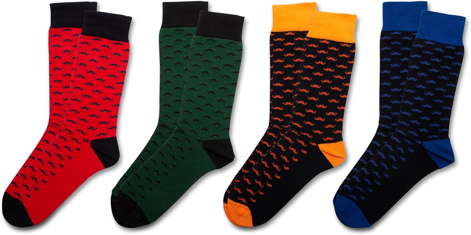 RAFRAY Funky Moustache Socks for Men – Colorful Crew Dress Socks – Premium Soft, Breathable Cotton – Gift Box Set – 4 Pairs – Size US 7–11 - Image 2
