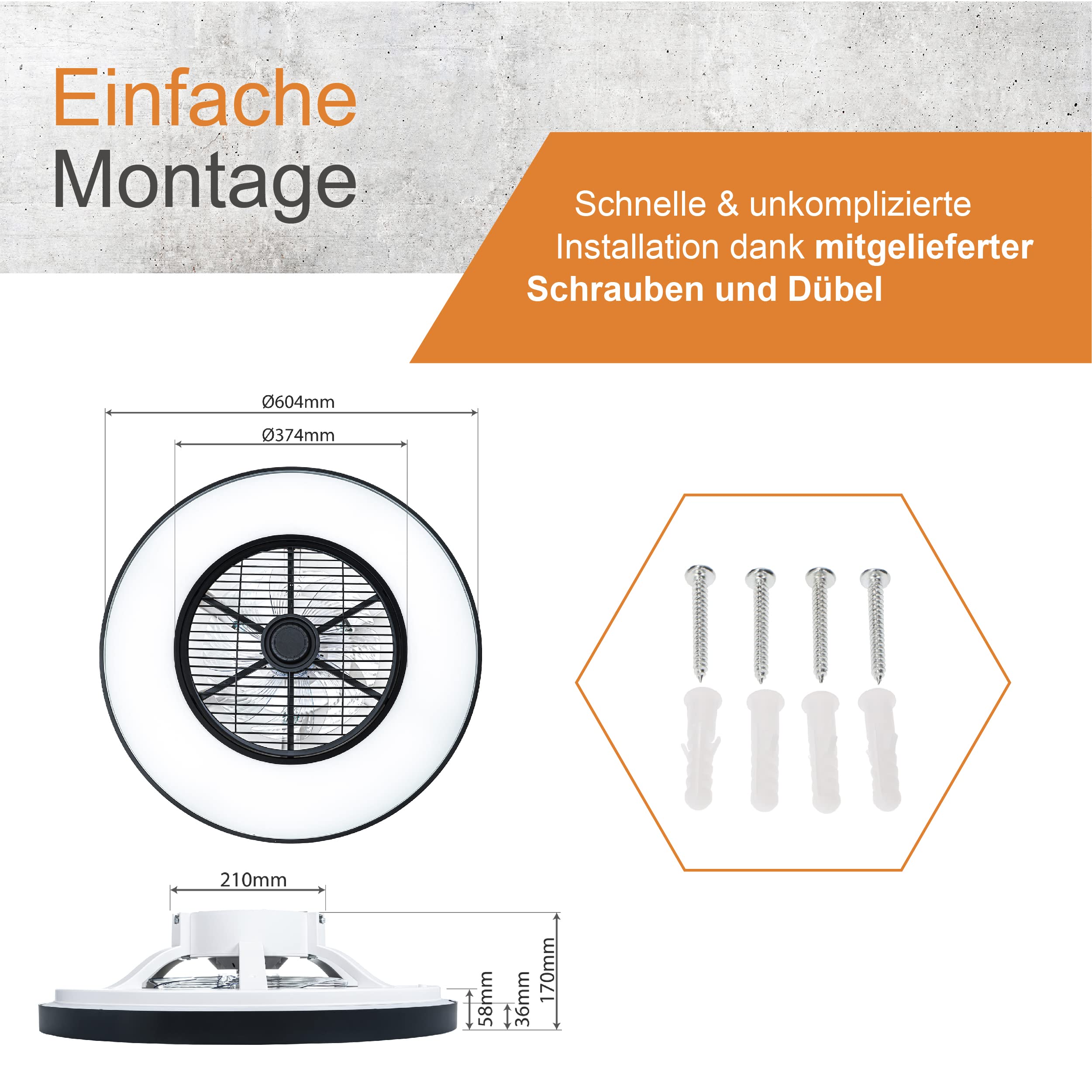 Proventa Deckenventilator mit Beleuchtung und Fernbedienung leise 60W Ø60cm dimmbare LED Deckenleuchte Sommer Wintermodus