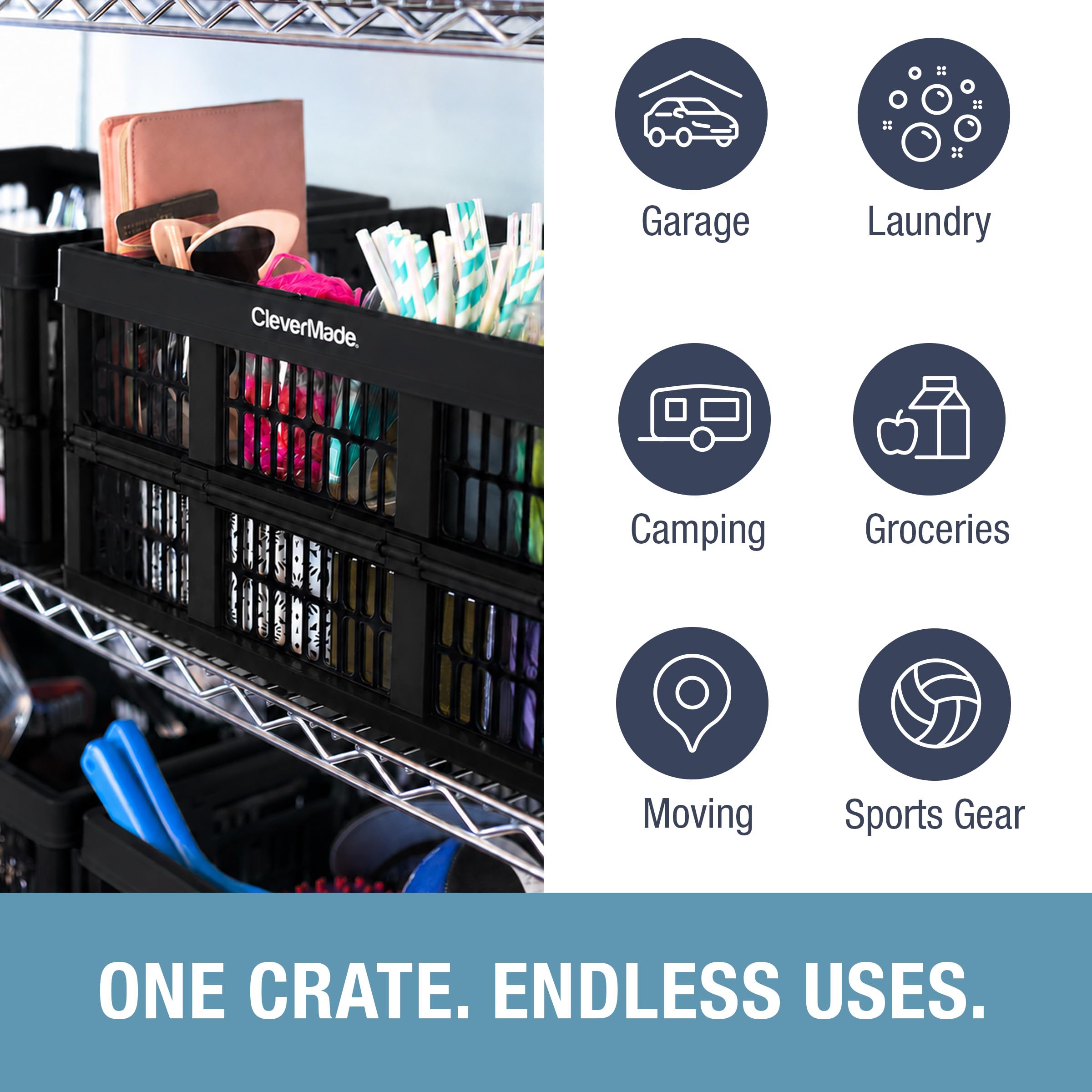 CleverMade Collapsible Utility Crates-Obsidian 3pck 45L / 11 Gal holds 66 lbs - Stackable Containers Heavy Duty Capacity Crates Space-Saving Baskets