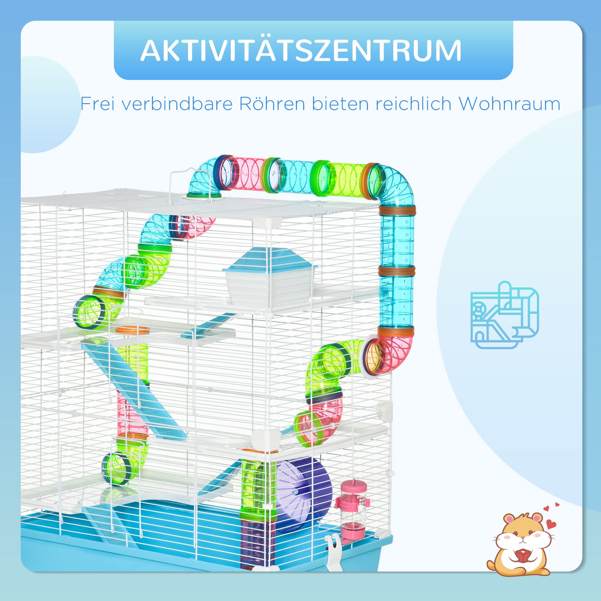 PawHut Hamsterkäfig 5 Etagen für Hamster 59 x 36 x 69 cm Hellblau+Weiß | Nagerkäfig, Kleintierkäfig aus Stahldraht, Laufrad, Rampe, Trinkflasche, Futternapf, Mäusekäfig, Rennmaus