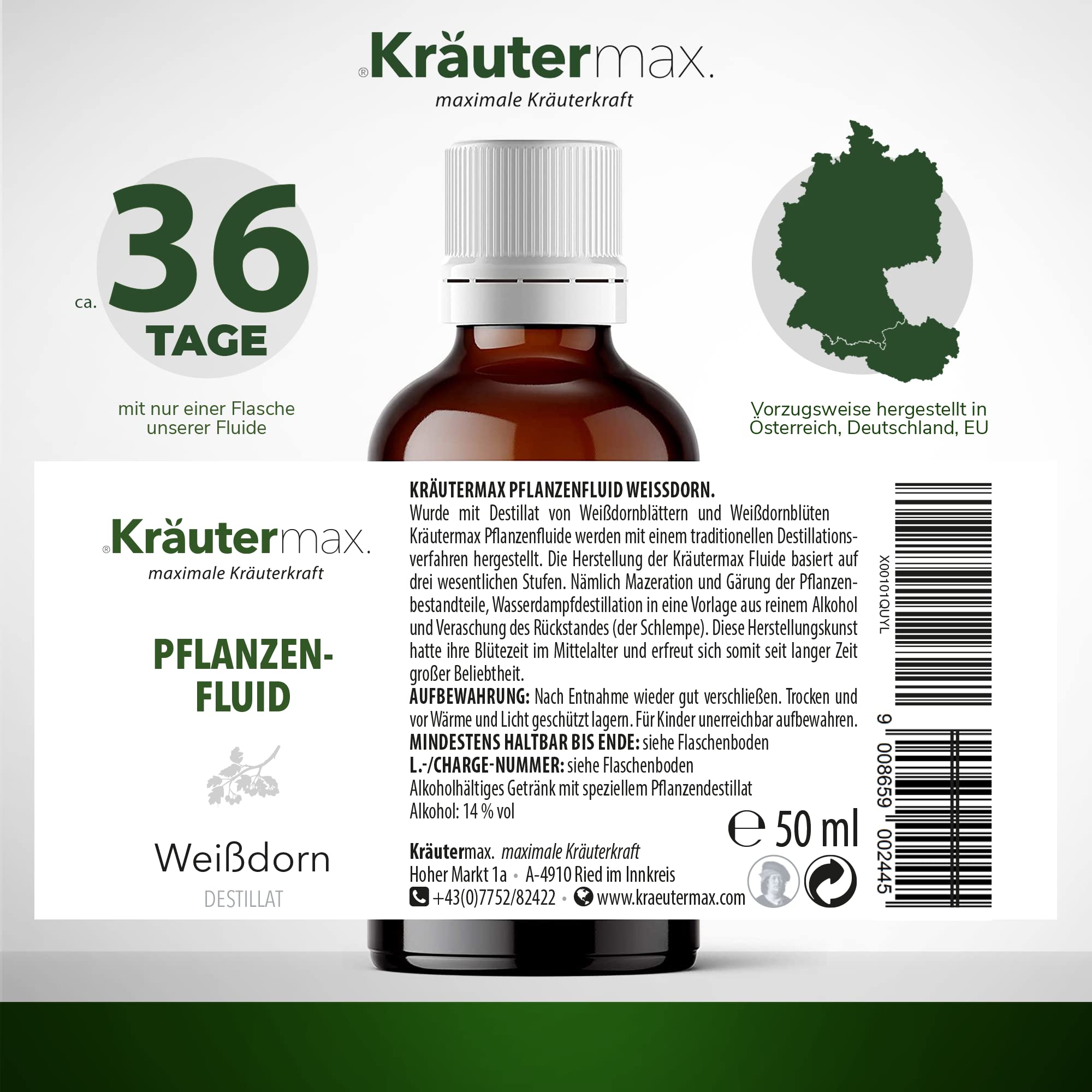Kräutermax Weißdorn Tropfen 1 x 50 ml, Pflanzen Fluid Destillat nach Paracelsus, ideale Ergänzung zu Tee, Extrakt flüssig, Tinktur, Kapseln, Tabletten - Vegan Weißdorn Blätter und Blüten Crategus