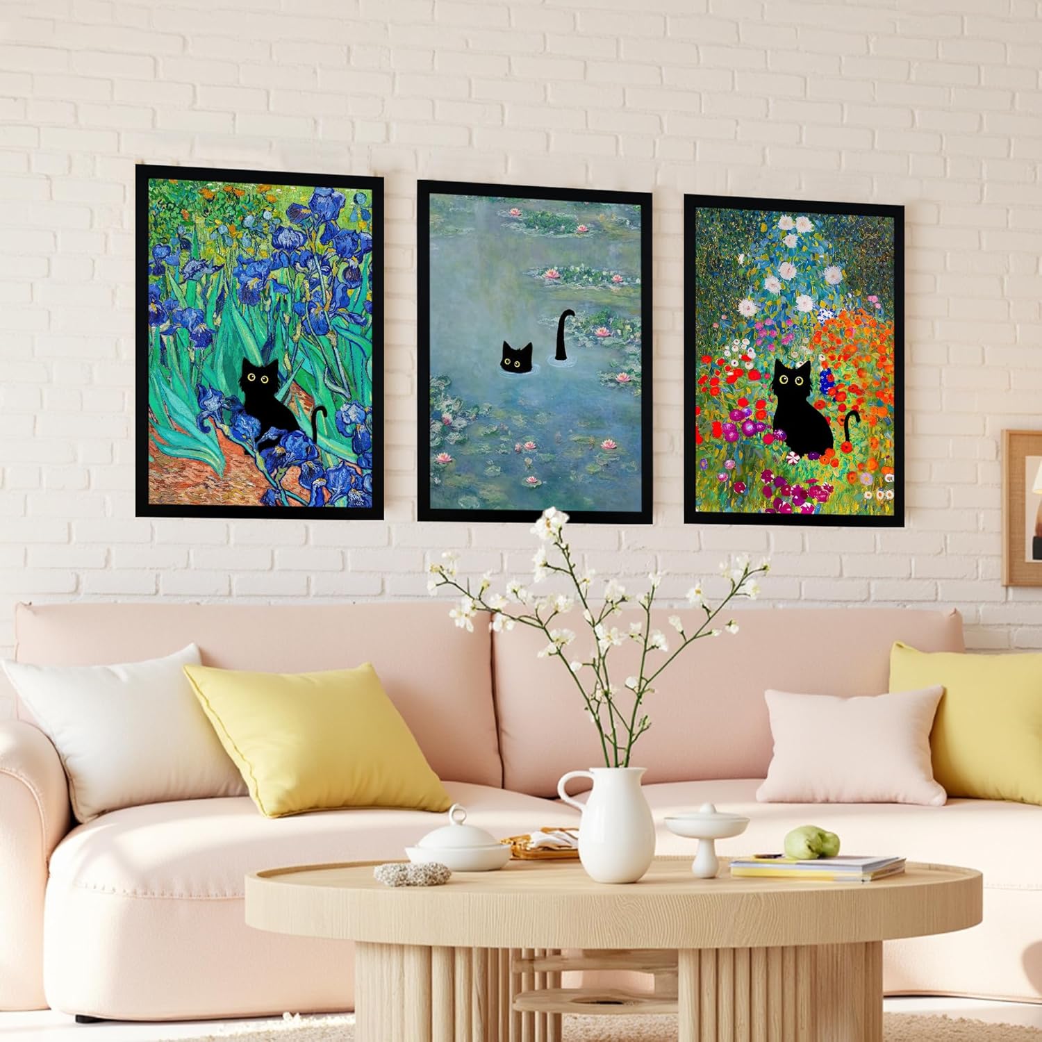 Krtoni 3Pcs Framed Black Cat Wall Art, Vintage Funny Black Cat in Water Lilies Poster Prints Paintings, Garden Flowers Cat Aesthetic Wall Decor, for Bathroom Living Room Bedroom 12" W x 16" H