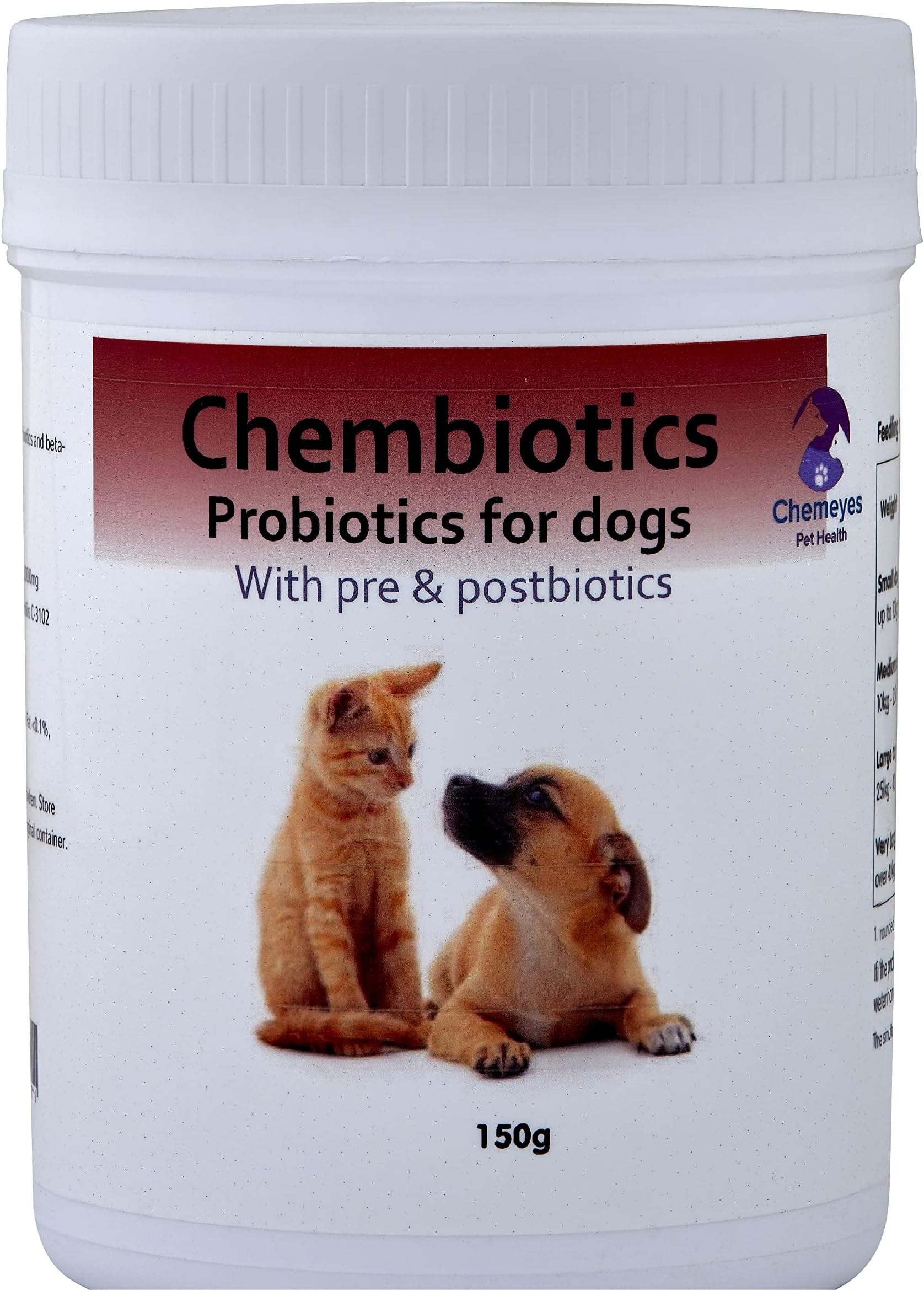 Triple-Action Probiotics for Dogs with Prebiotics & Postbiotics (150g) - Dog Powder Supplement for Upset Tummies, Bloating, Itchy skin, Bad Breath, Healthy Digestion by Chemeyes - All Breeds & Ages