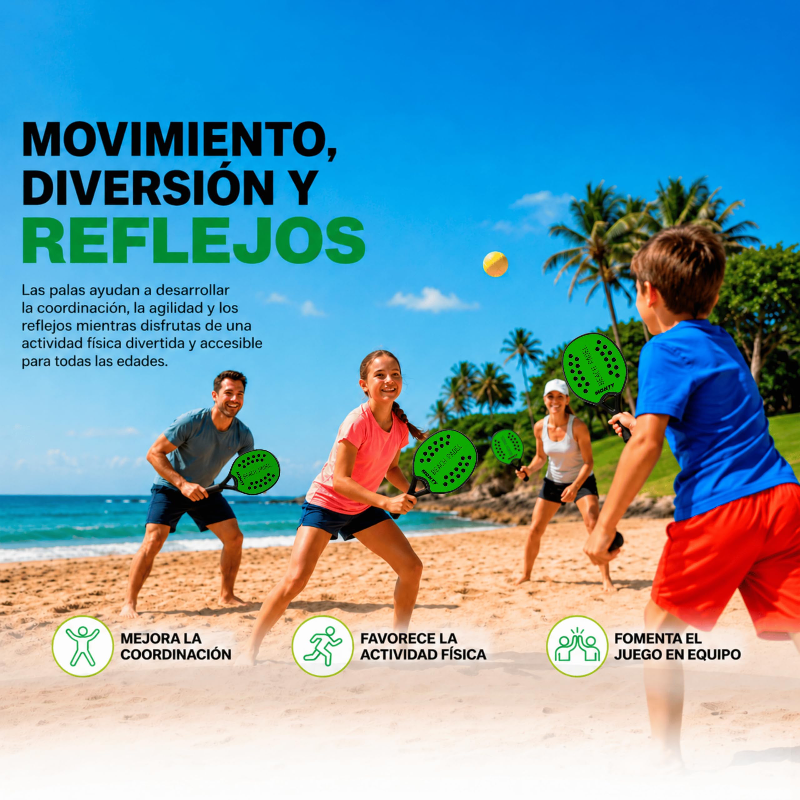 MUNTRADE Set de 2 Palas Beach Padel con Pelota Blanda Incluida | Raquetas Verdes de Playa Resistentes al Agua | Palas Beach Tennis para Niños y Adultos | Juego Exterior para Playa, Piscina y Jardín