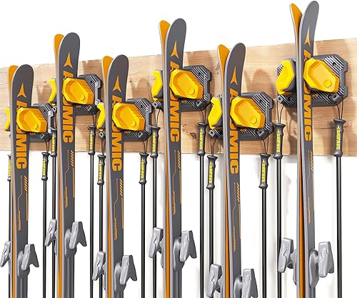 Miniatura 23 de Estante de Pared para Esquíes y Tablas de Snowboard para Garaje, Compatible con Cualquier Esquí/Tabla, Soporte de Pared para Esquíes, Organizador