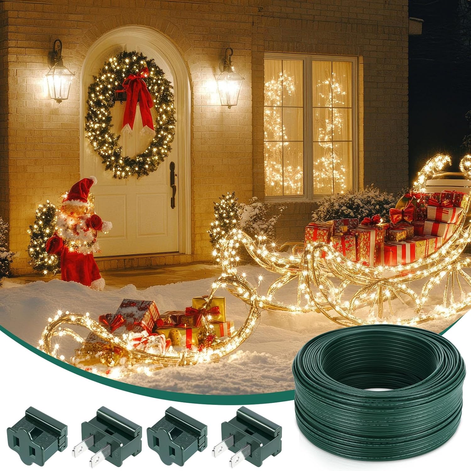 147 FT Christmas SPT-1 Green Electrical Wire 18/2 Blank Lighting Adapter Landscape Wire 24 PCS Male Female Slip Plug Vampire Plug Zip 120 Clips Wire Cord for Xmas Holiday Party Indoor Outdoor Light