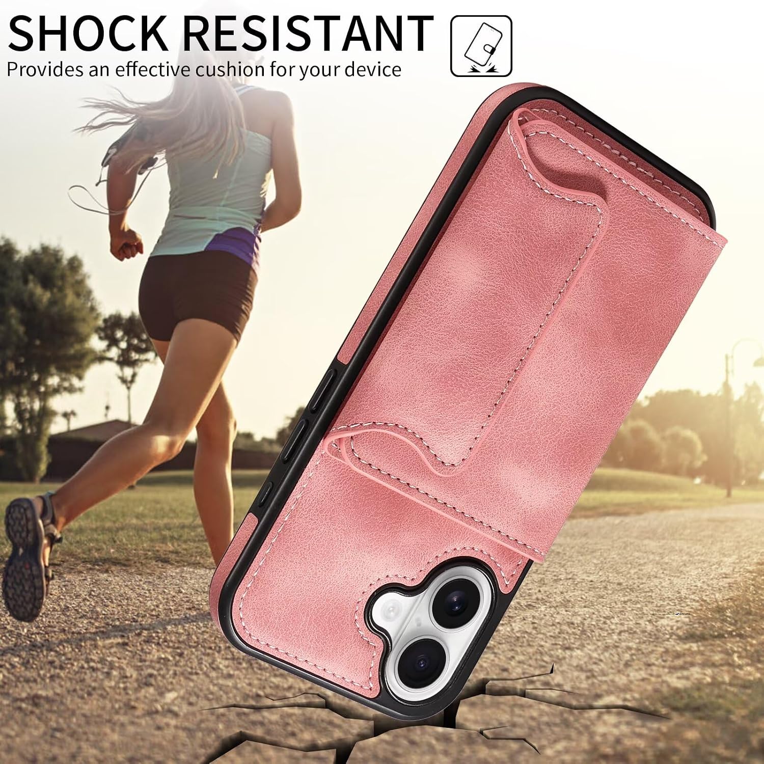 Caseurban Compatible with iPhone 17 Wallet Case with Card Holder, Premium PU Leather Kickstand Ring Holder Case Anti-Slip Shockproof Phone Case for Women and Man Rose Gold