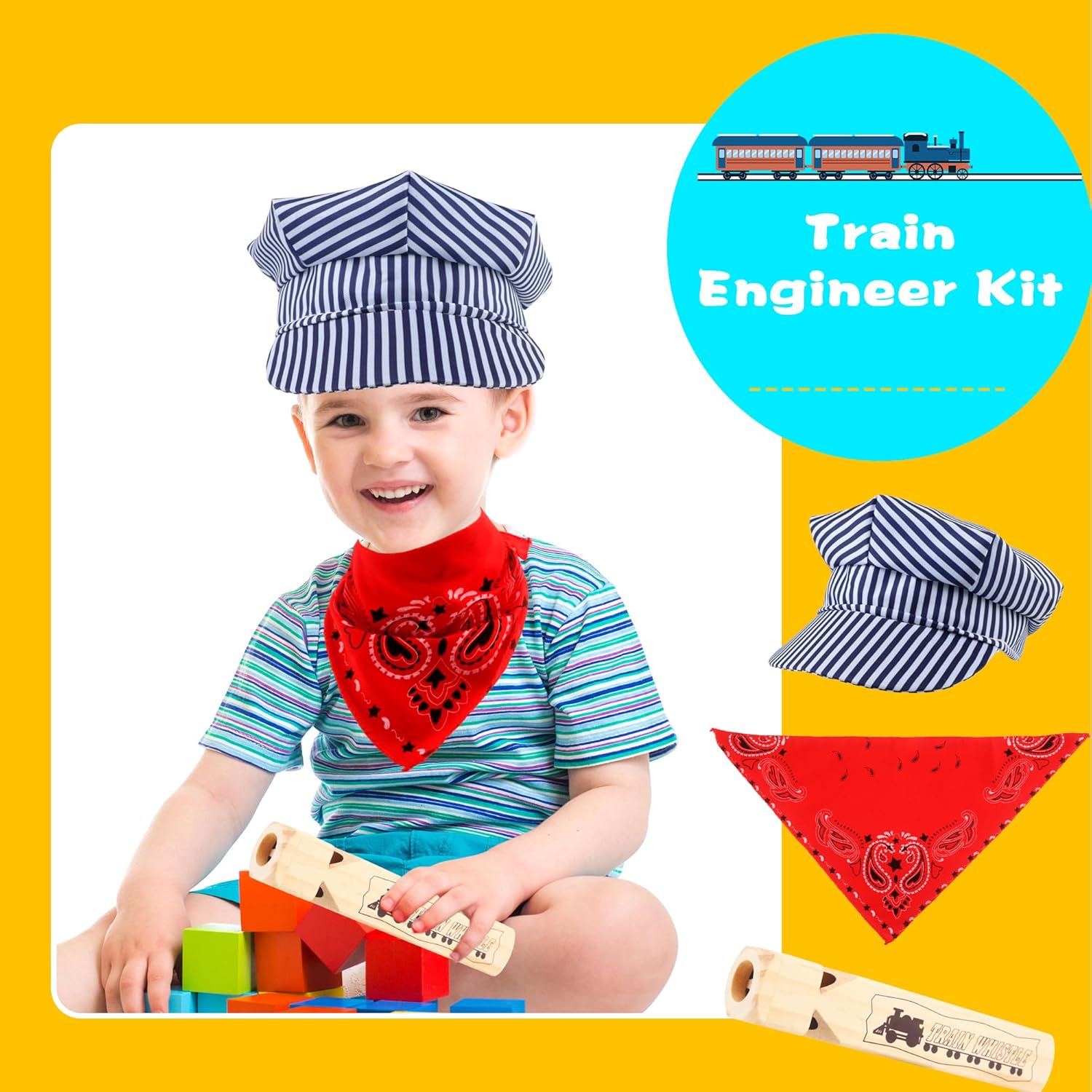 2 Set Kids Train Conductor Dress Up Kit Train Conductor Cap Paisley Bandanna Wooden Whistle for Halloween Party Career Day Pretend Cosplay