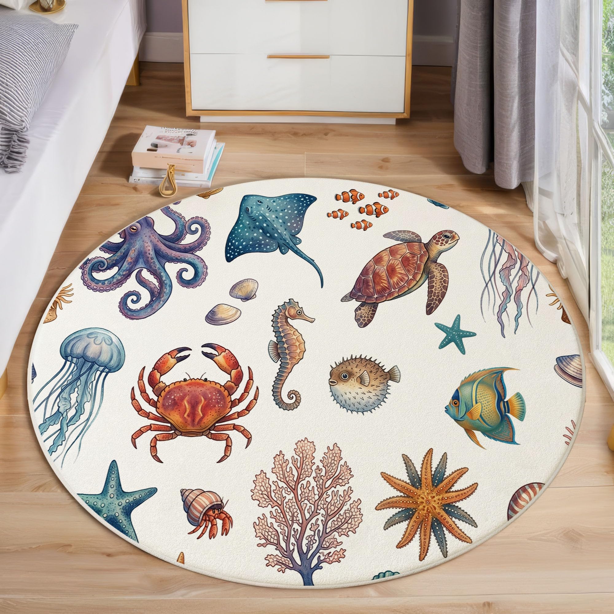 Meeresleben Rund Teppich für Kinder, Kurzflor Kinderteppich, Oktopus Meeresschildkröte Qualle Runder Teppich Waschbar, Weich, Rutschfest für Lernbereiche, Spielzimmer und Kinderzimmer (160cm rund)