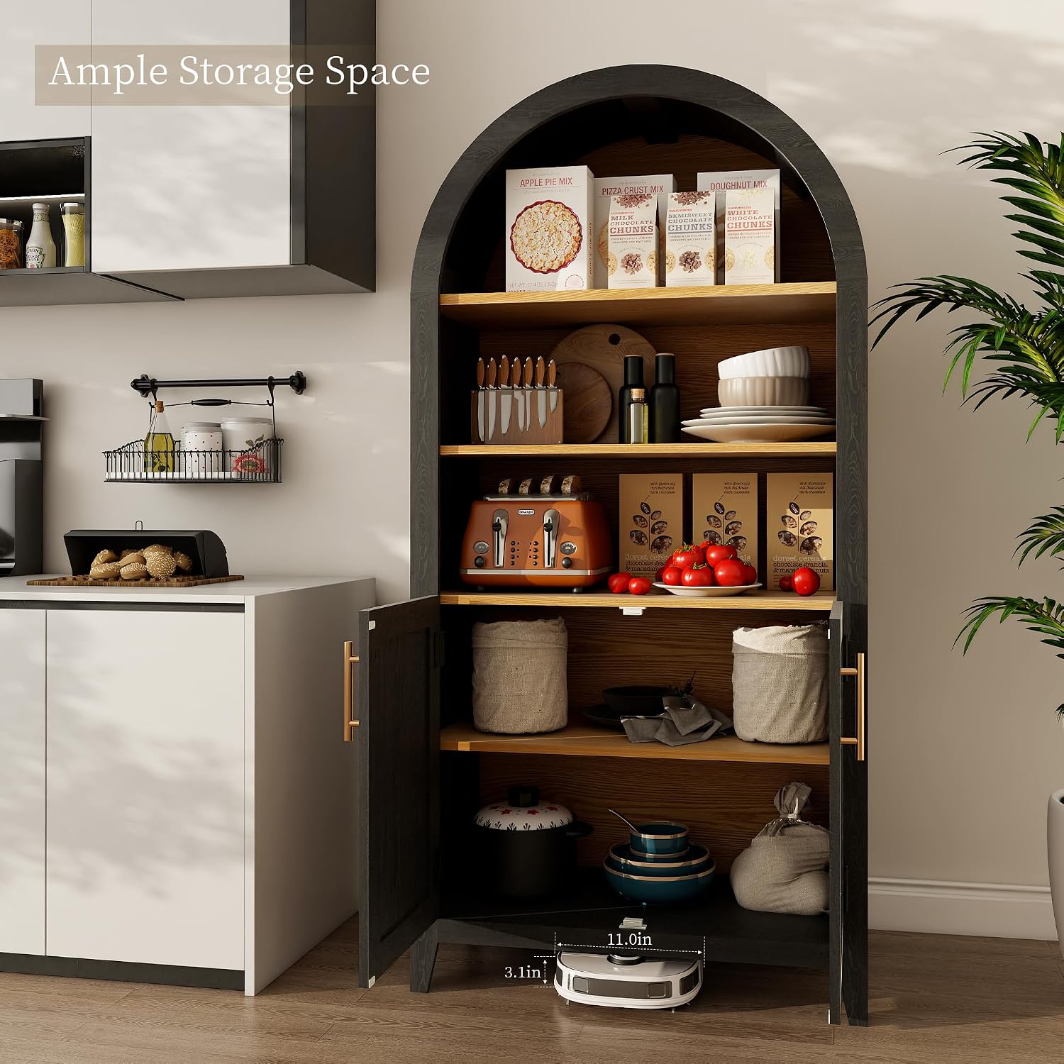 63” Arched Storage Cabinet with Rattan Door, 5-Tier Arched Bookcase, Farmhouse Kitchen Pantry with Storage – Perfect for Dining Room, Living Room, Kitchen or Home Office