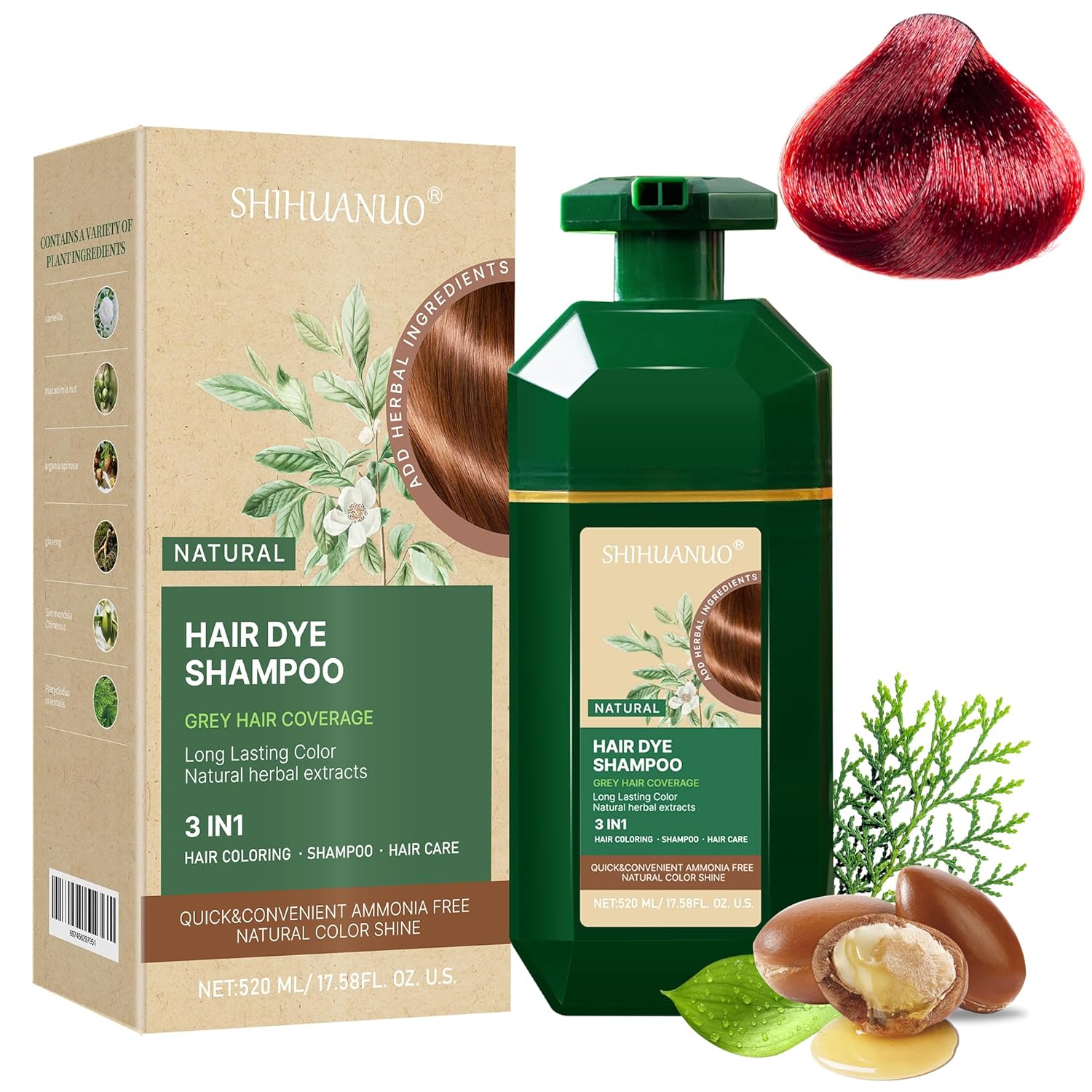 SHIHUANUO Hair Dye Shampoo 3 in 1 for Gray Hair Coverage, Herbal Ingredients Natural Shampoo Hair Dye for Women & Men/Ammonia-Free 520m（Wine Red）