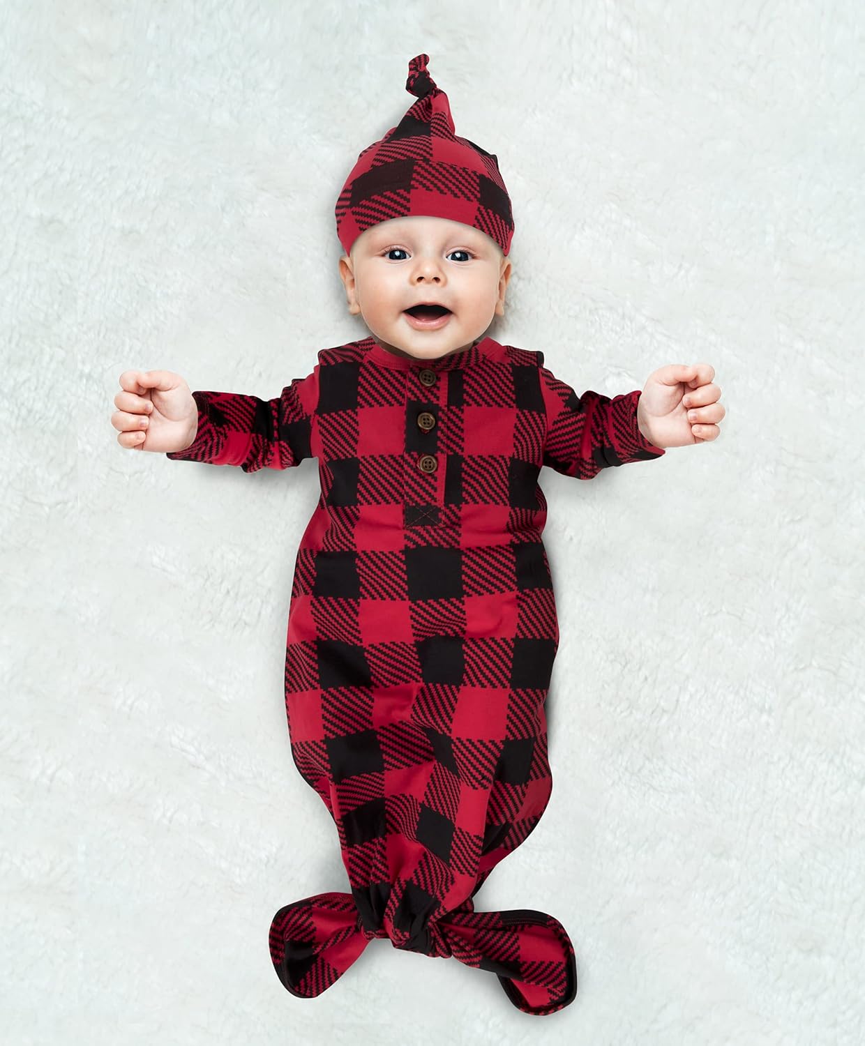 Baby Essentials Knotted Sleeper Gown with Hat or Headband – Newborn Coming Home Outfit for Boys & Girls, Fall/Winter (0-6M) - Image 6