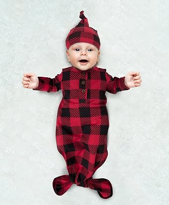 Baby Essentials Knotted Sleeper Gown with Hat or Headband Newborn Coming Home Outfit for Boys & Girls, Fall/Winter (0-6M)