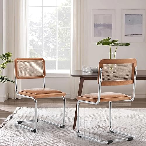 SHINEBOOM Juego de 2 sillas de comedor de ratán modernas de mediados de siglo con respaldo tejido de ratán natural y asiento de piel sintética,