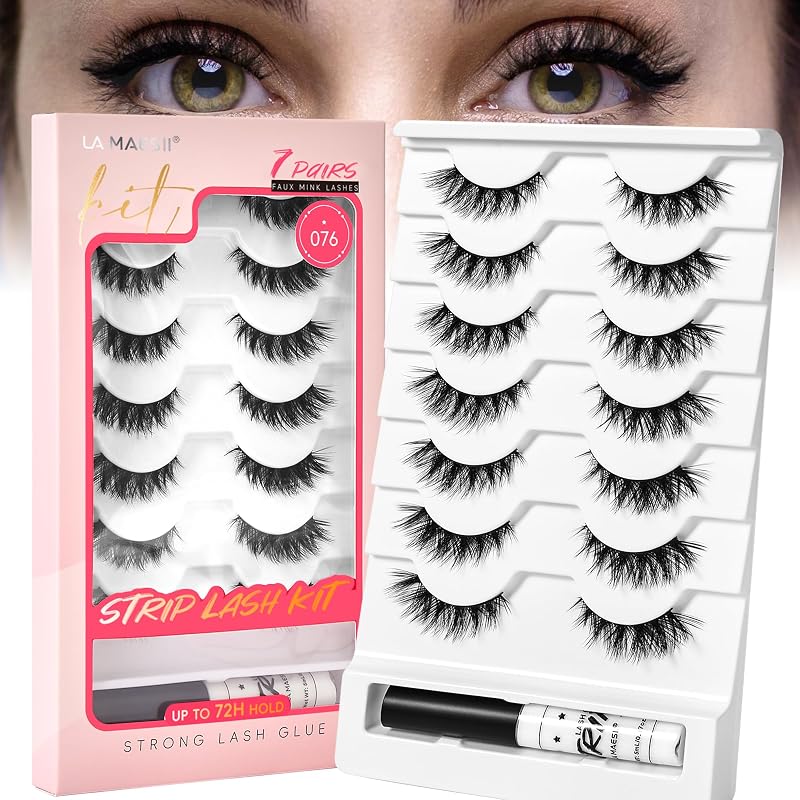 Cílios postiços em tiras La Maesii Cat Eye 076 com cola, pacote com 7 pares
