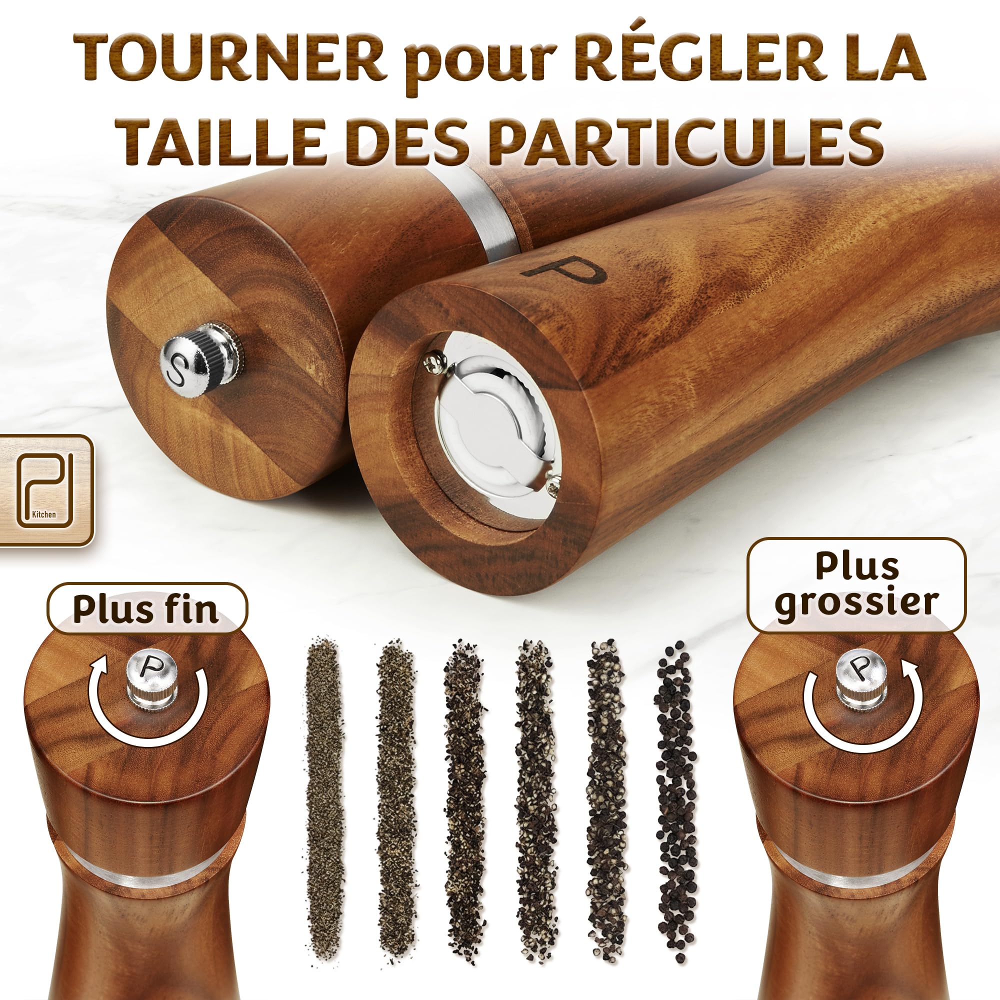 PJC-Kitchen Ensemble de Moulins à Sel et Poivre en Bois d’Acacia avec Plateau - 60 g
