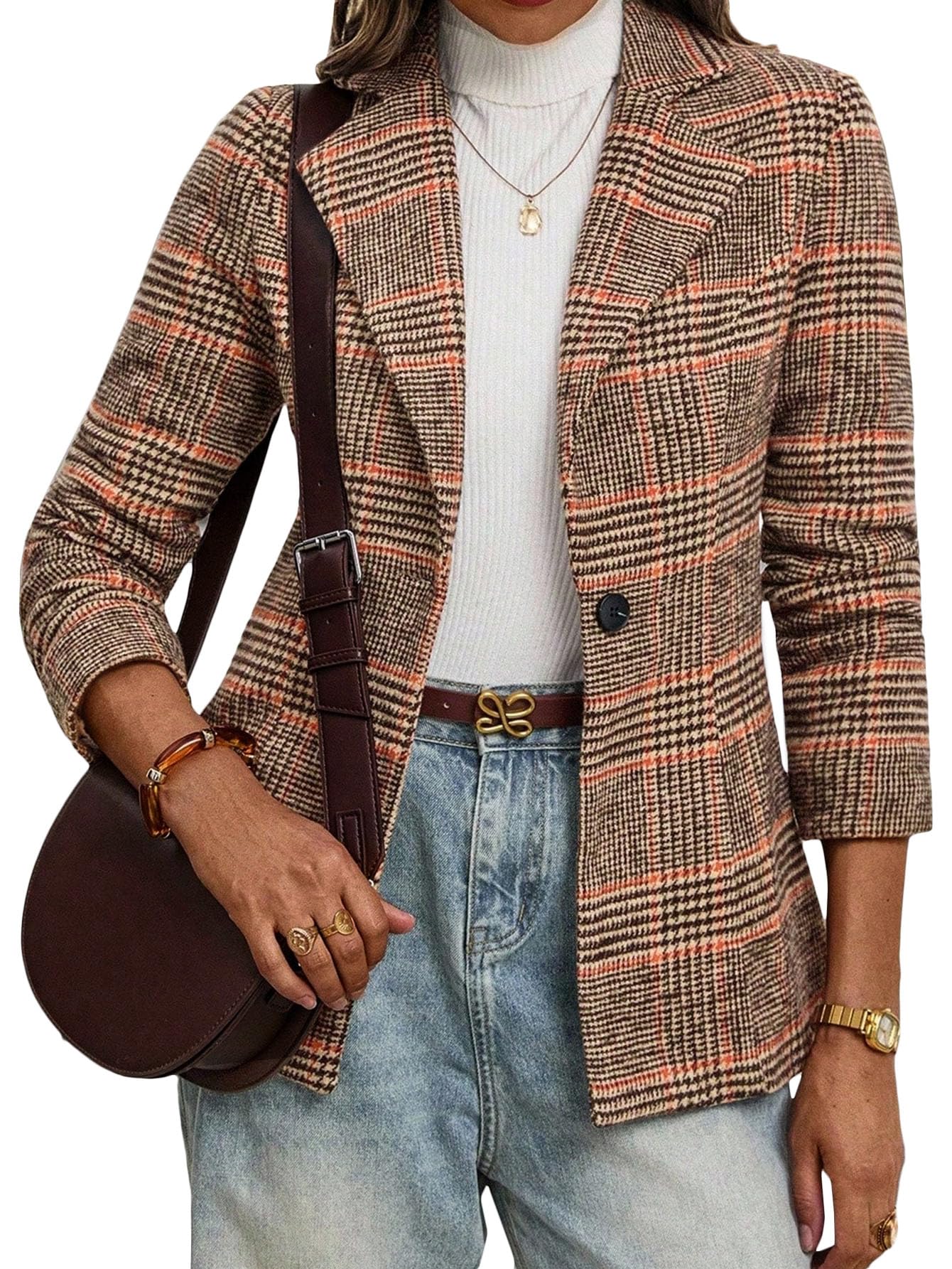 Mina Self 2025 Fall Womens Tweed Blazer Plaid - Houndstooth Fully-Lined Notch Lapel Slim Casual Work Office Suit
