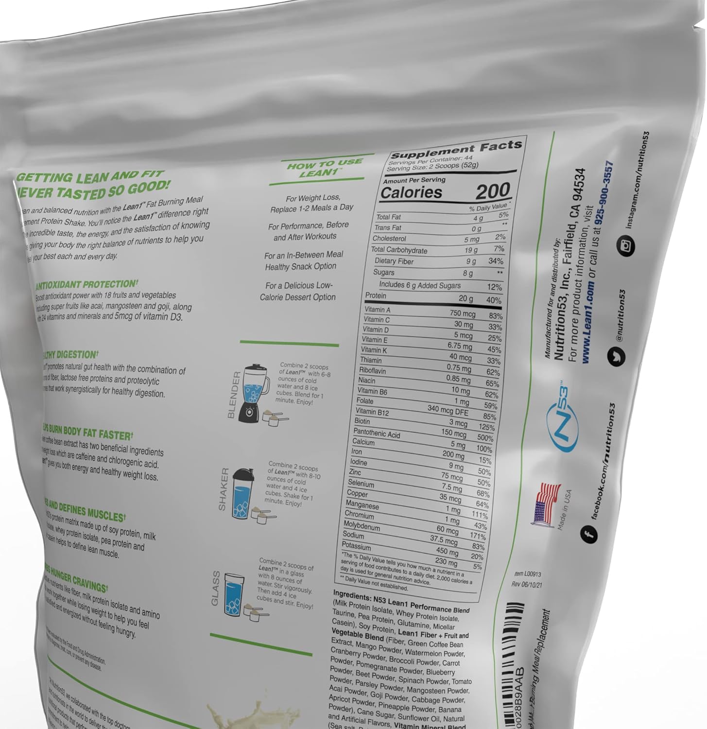Lean1 Vanilla, Meal Replacement Protein Shake, 44 Servings in a 5lb Bag