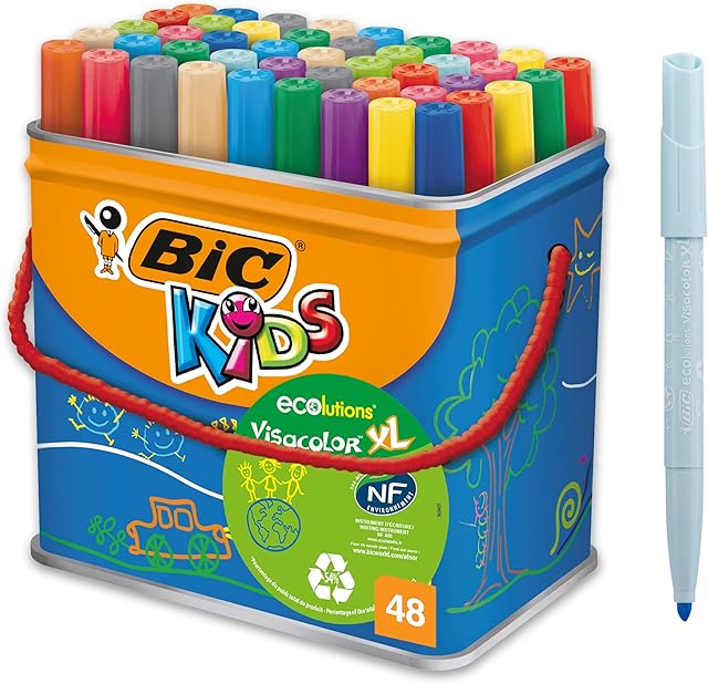 BIC Kids Visacolor XL Colouring Felt Tip Pens - Bucket of 48 - Assorted Colors - Drawing Pens with Extra Wide Point
