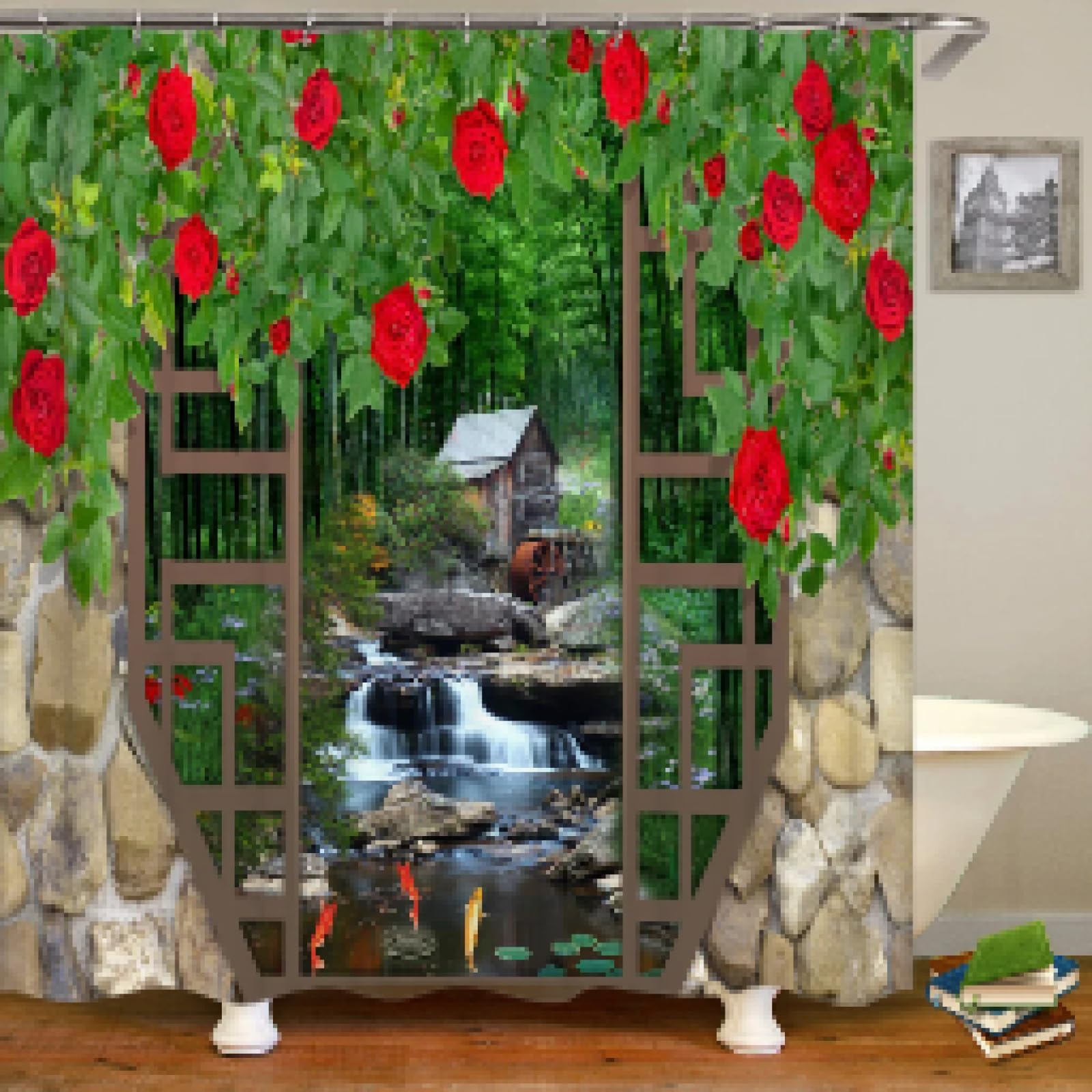 Rideau de douche polyester paysage de fleurs imperméable pour éviter les moisissures