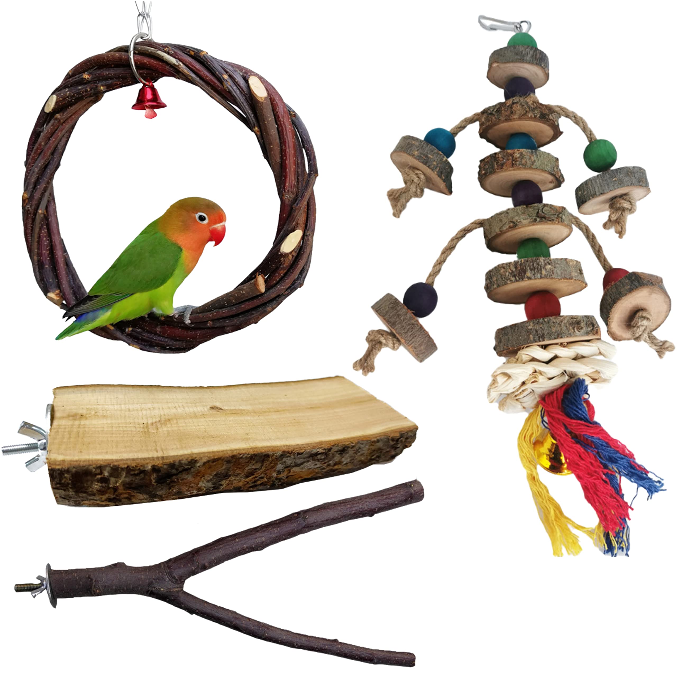 PETO 4 PCS Bird Perch Stand Natural Wood For Bird Cage, Parrot Swing Chewing Toys for Conures, Finches, Hanging Perch Toy for Small Parakeets Cockatiels, Safe wooden Platform for Hamsters, Herbils (A)