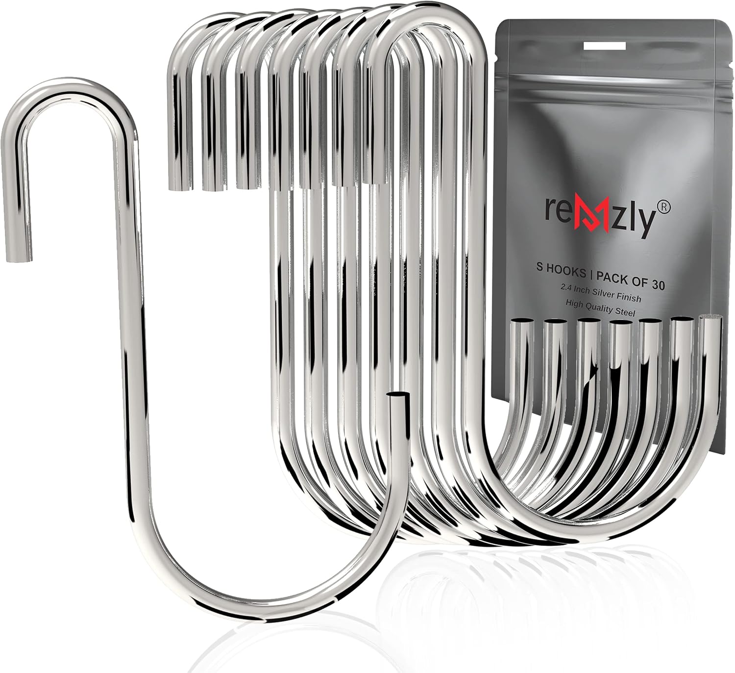 Remzly 30 Pack Heavy Duty S Hooks for Hanging Kitchen Utensils, Clothes, Plants, Pots and Pans - 2.4” Utility Hangers for Closet, Wire Shelving, Garage, Garden (Silver)
