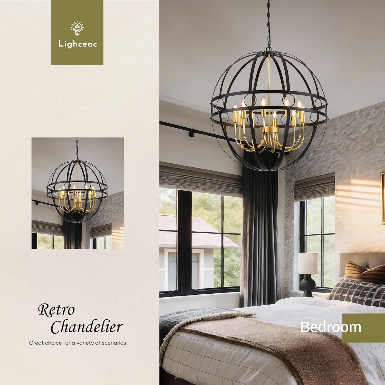 Modern Black and Gold Chandelier for Dining Room 29.7“ Industrial Vintage Globe Chandelier 10-Light for Foyer Farmhouse Rustic Pendant Ceiling Light Fixture for Living Room Entryway Stairway