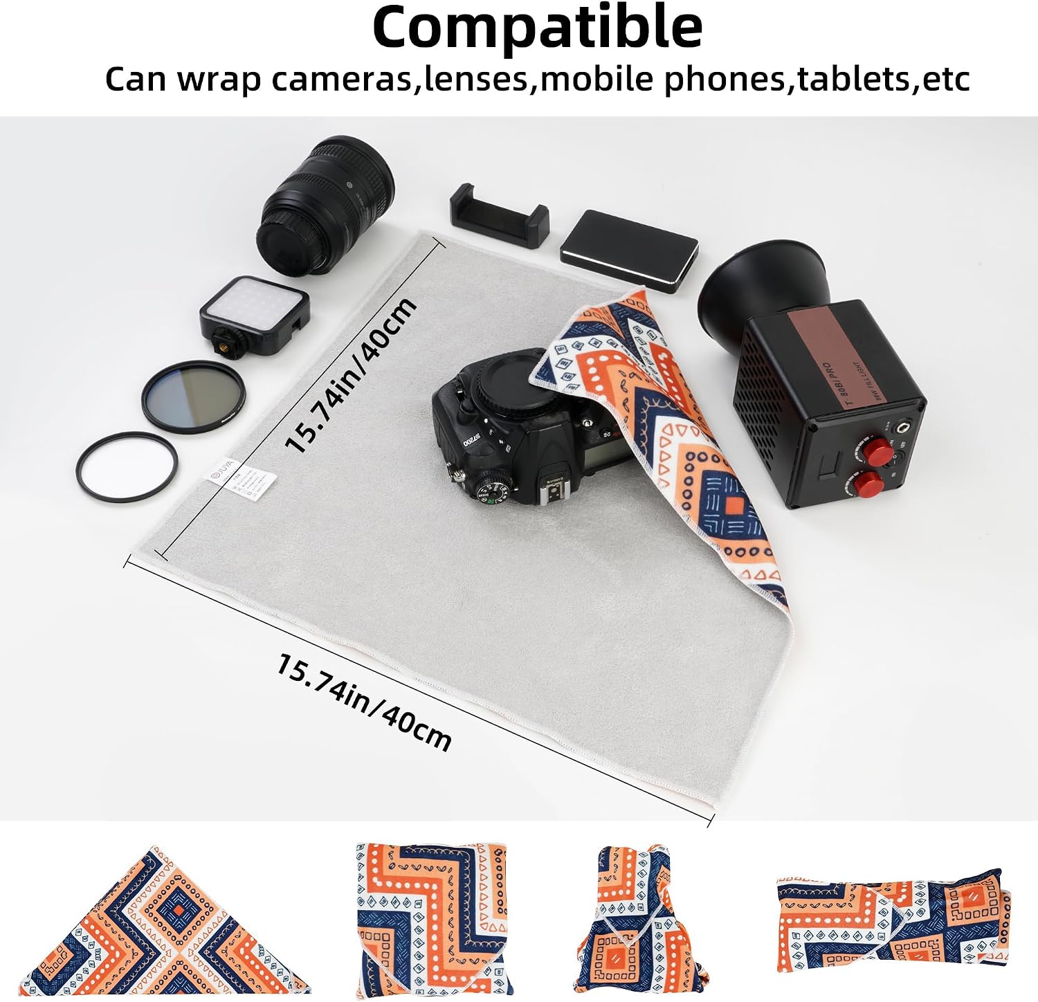 Camera Wrap, Protective Wrap Anti-Scratch Lens pouche, Magic Self-Adhesive Cloth, Universal Storage Cloth for DSLR, Smartphones, Laptops, electronics,Cosmetic,whatever you need to protect