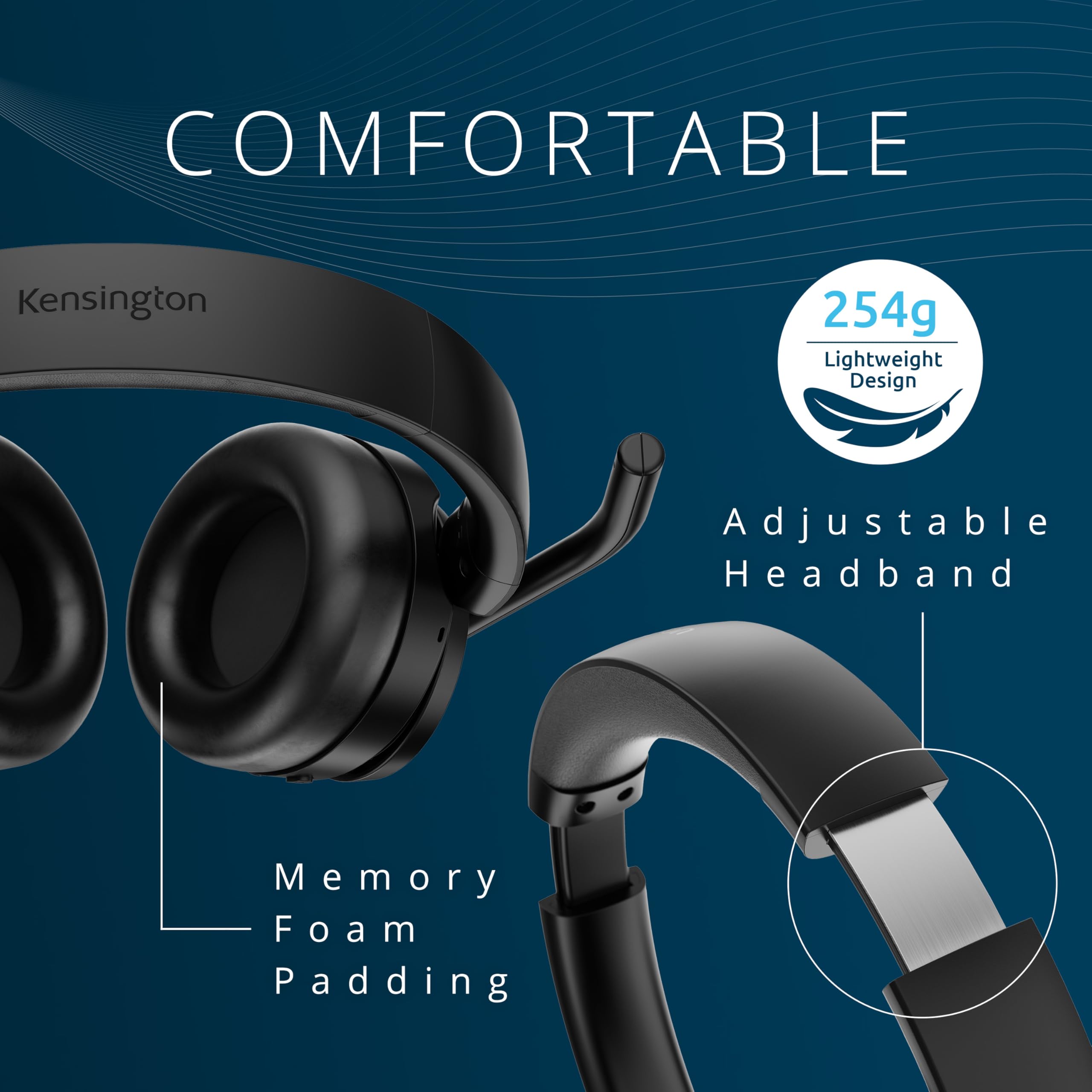 Słuchawki Kensington Hybrid C3550 EQ – bezprzewodowy zestaw Bluetooth® ze sterowaniem na nausznikach, aktywna redukcja szumów, kompatybilny z Windows, macOS, ChromeOS, iOS i Android, K97467WW, czarne