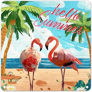 Seaside Scenery Tin Sign Hello Summer Flamingo Gnomes Metal Sign Summer Wall Art Nostalgia Poster Painting Quality Aluminum Sign Thanksgiving Day Gift for Friends Family Colleagues Neighbors 12x12in