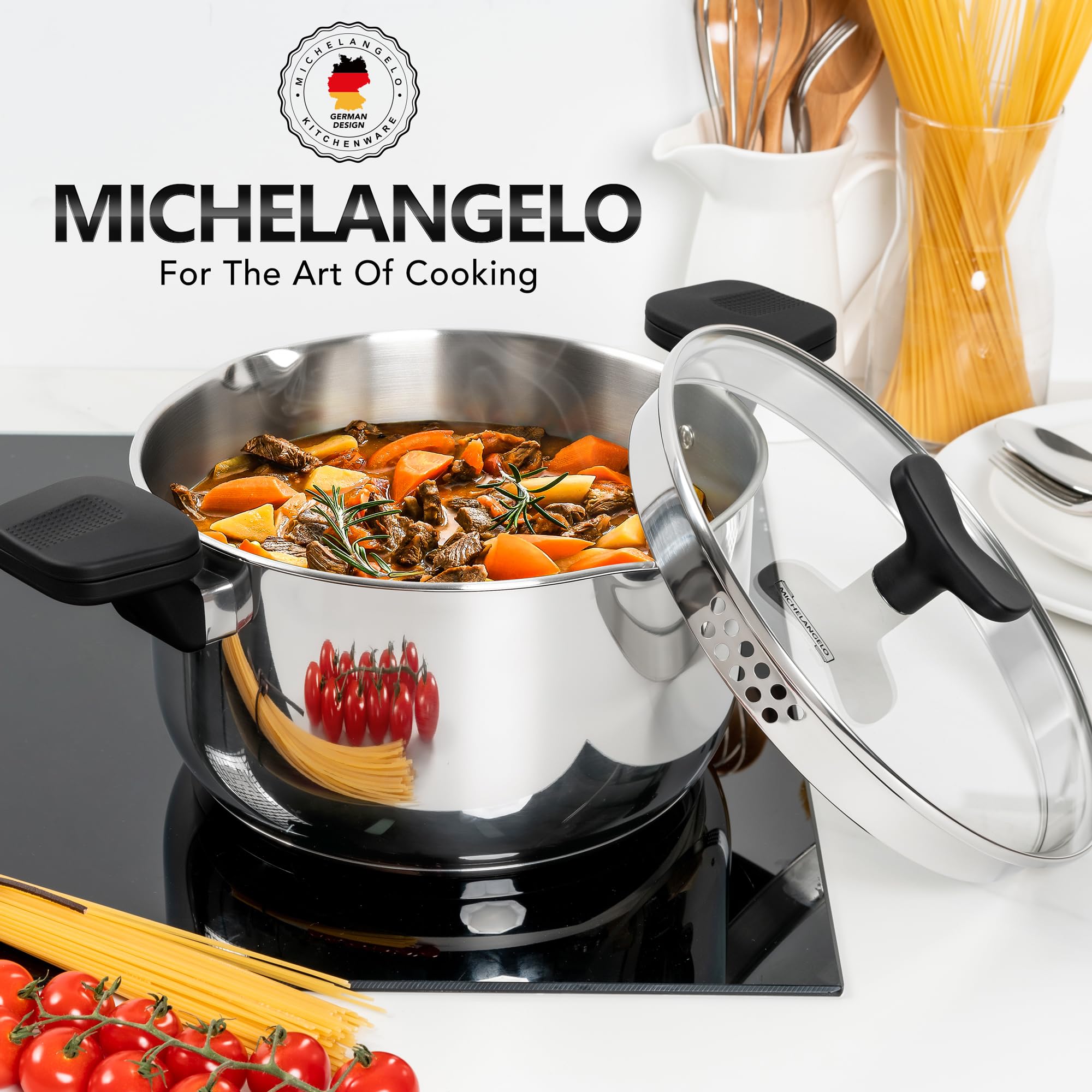 MICHELANGELO Olla de pasta de acero inoxidable con tapa coladora, olla de inducción de 6 cuartos con tapa, olla de espaguetis de 6 cuartos con tapa coladora