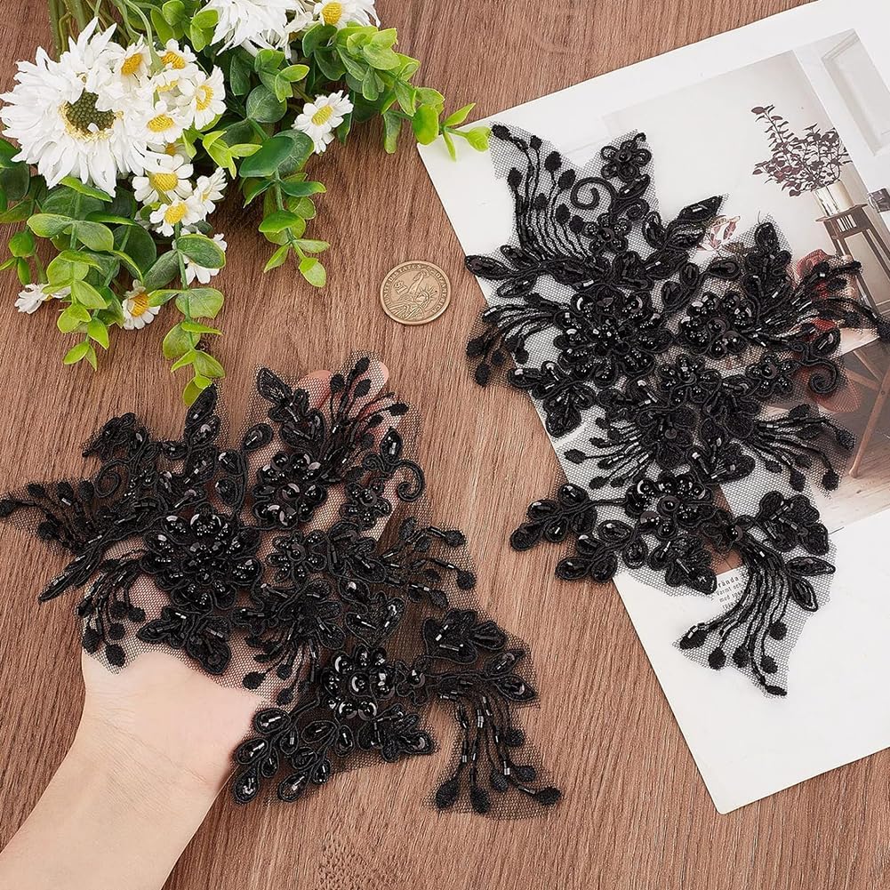 GORGECRAFT 4Pcs Pearl Black Beaded Flower Embroidery Lace Patches Sequin Sew on Applique Boho Floral Patch Decorative Fabric Embellishments Trimmings for Garment Wedding Dress Curtain Jeans Craft