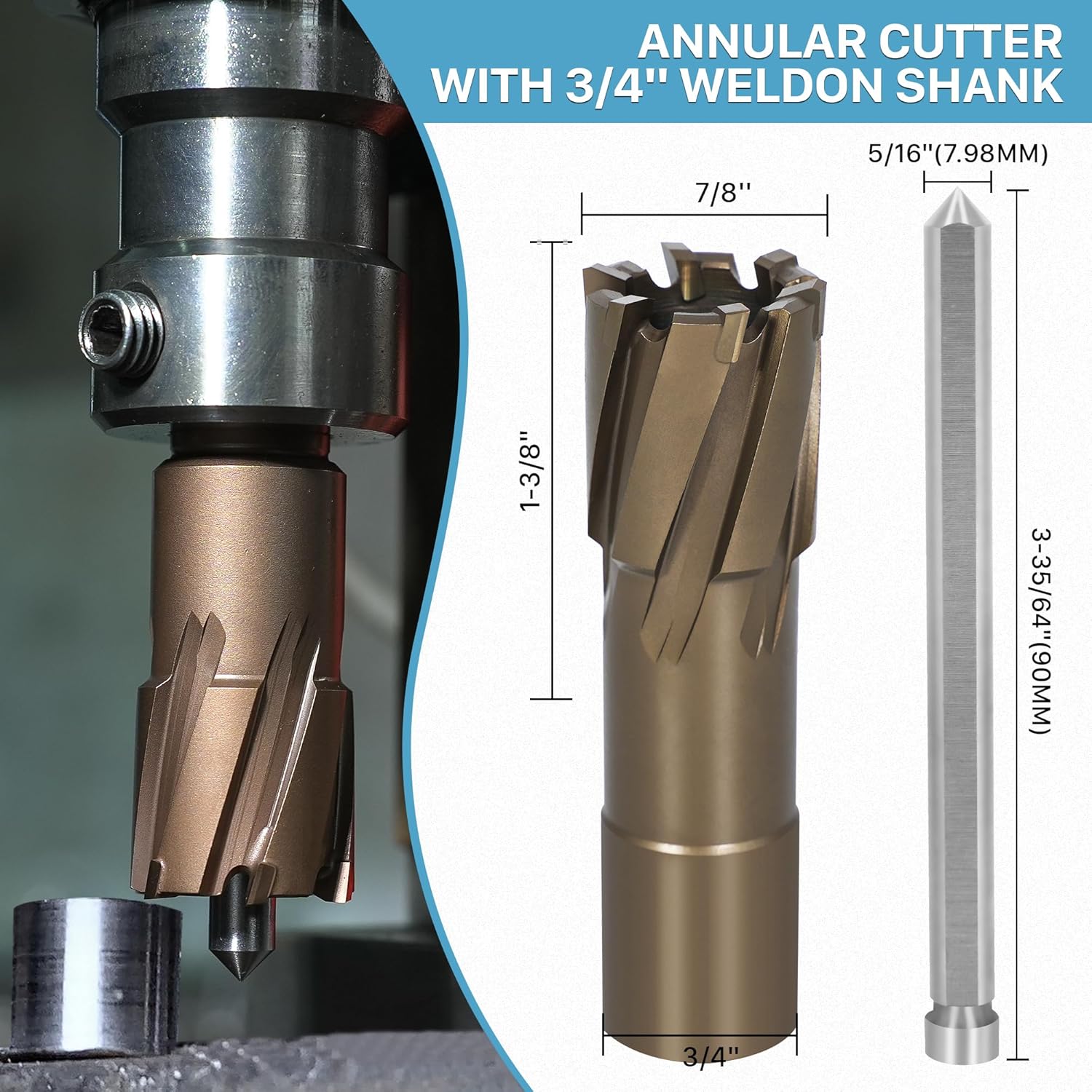 KEENTECH Carbide-Tipped Annular Cutter, 7/8" Dia. x 1-3/8" Depth, 3/4'' Weldon Shank, TCT Mag Drill Bit with Advanced PVD Nano-Coating for Faster, Smoother, Longer-Service Life Cutting Harder Metal