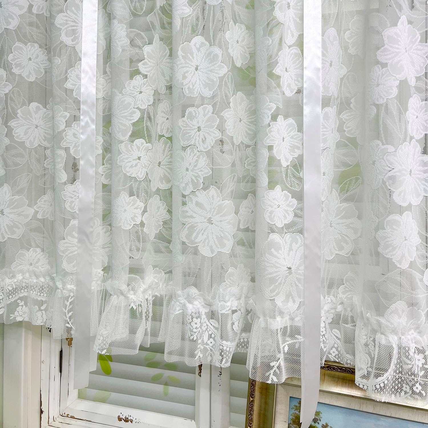 Tie Up Floral Lace Sheer Curtain Jacquard Balloon Curtain Shade for Kitchen