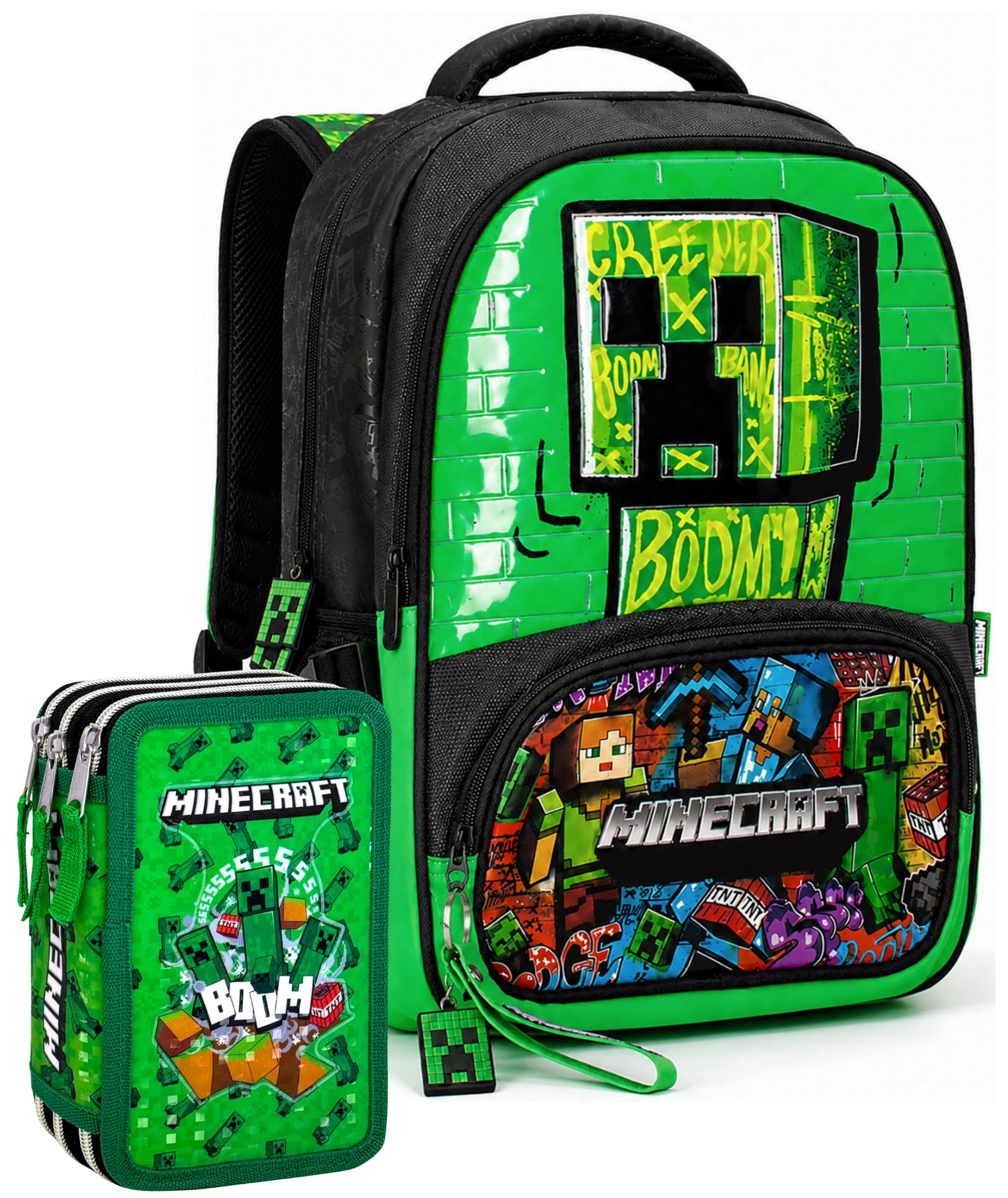Pack escolar 2 piezas para fans de Minecraft – Mochila niño 42 cm 22 L Primaria 6-12 años + estuche completo 3 compartimentos 44 piezas