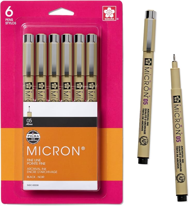 Pigma Micron Fineliner Pens, 05 Tip Size, Archival Black Ink, 6PK 50038 | Archival Black Ink Pens for Writing, Illustration, and Journaling, Precise Fine Points and Lines, Smooth Writing