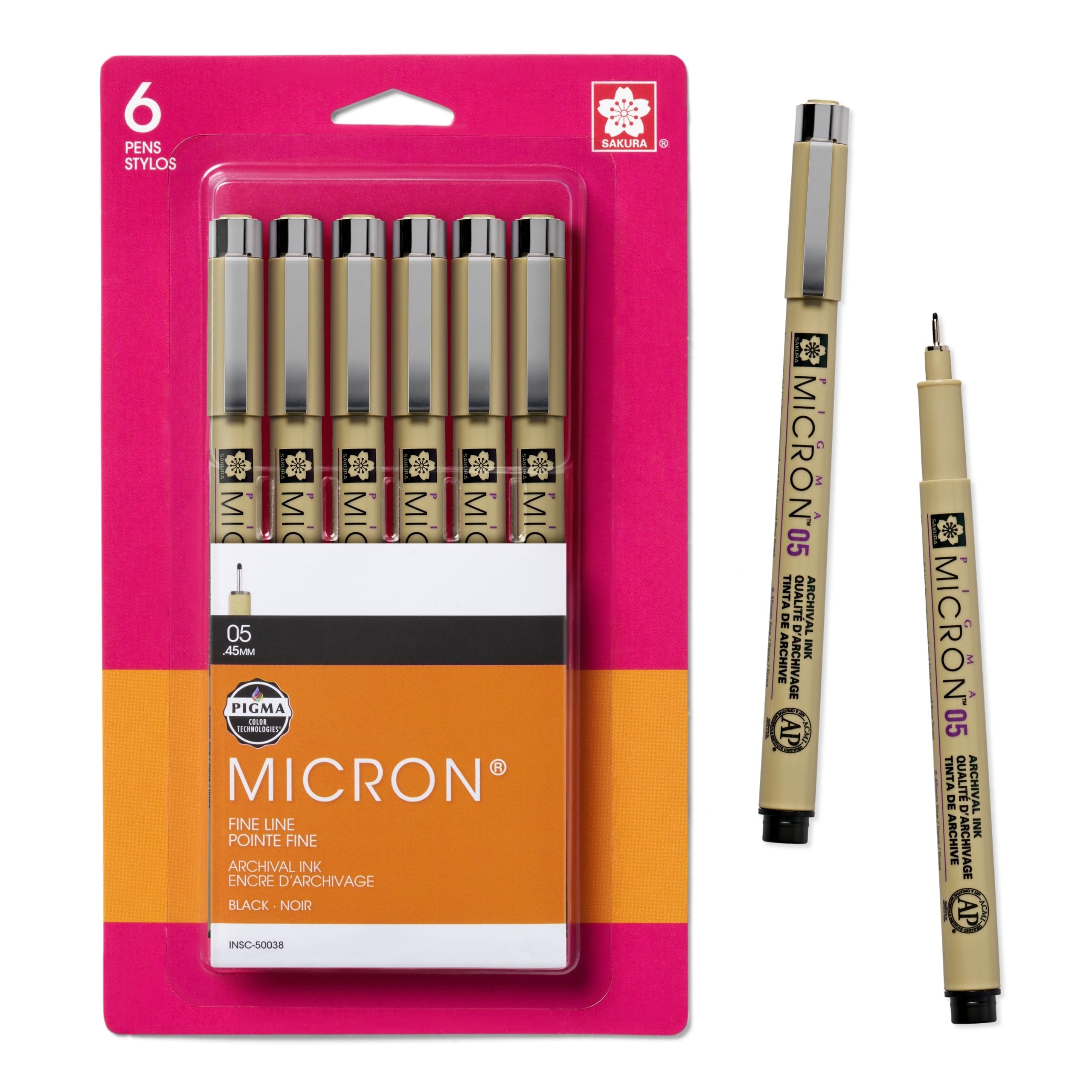 SAKURA Pigma Micron Fineliner Pens, 05 Tip Size, Archival Black Ink, 6PK 50038