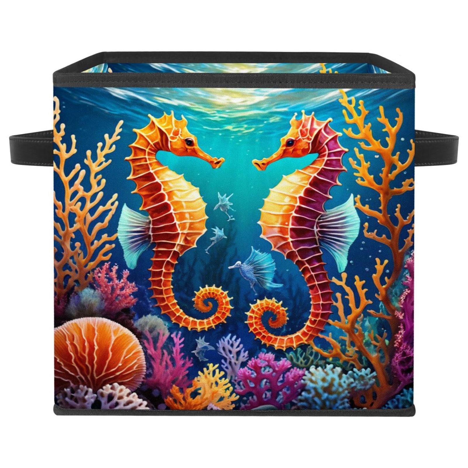 Boîte de rangement pliable chic grand cube poignées en cuir motif hippocampe