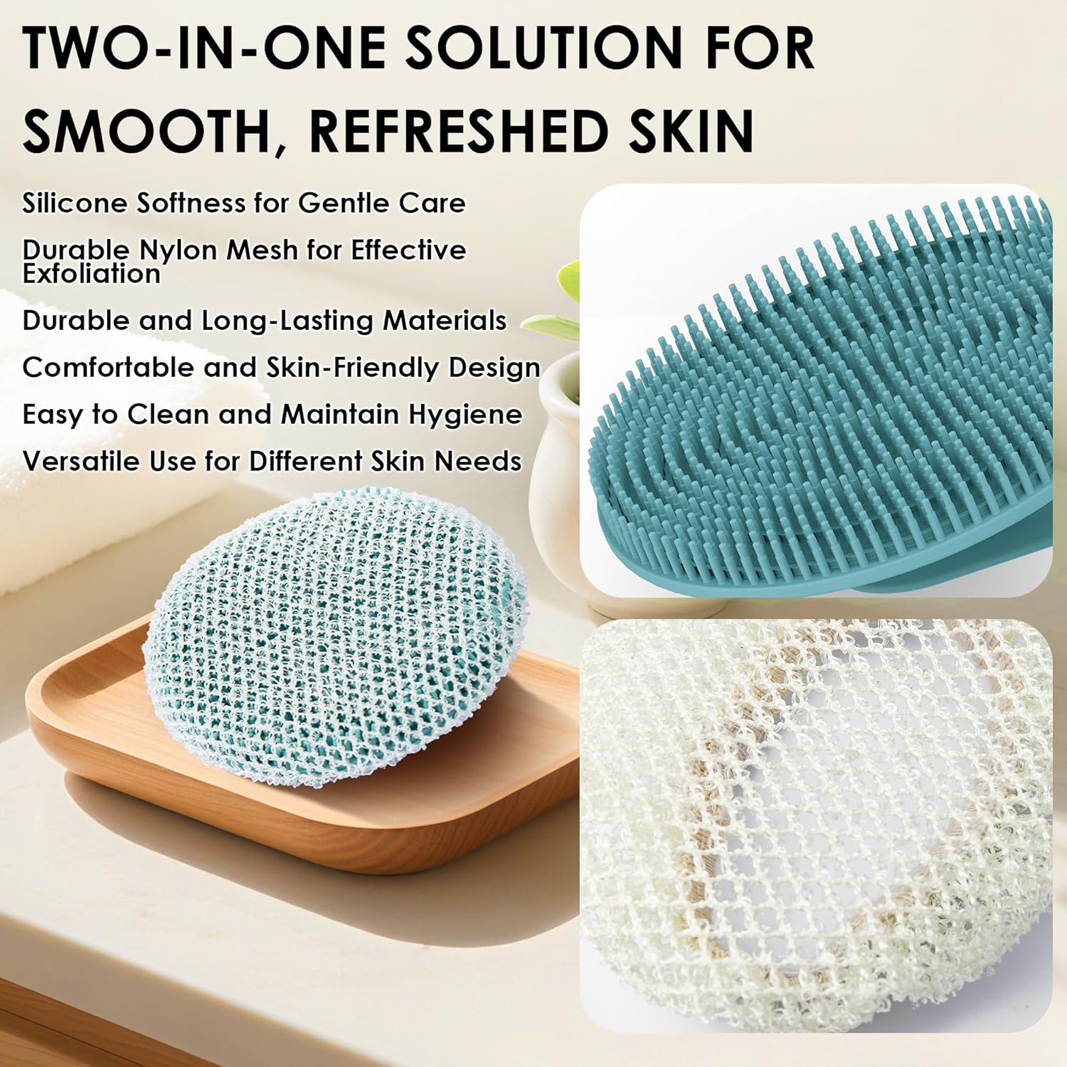 INNERNEED 2 Pieces African Net Sponge Exfoliating Shower Mesh Bath Washcloth Case, with 1 Silicone Body Scrubber Brush (DarkGreen) - Image 2