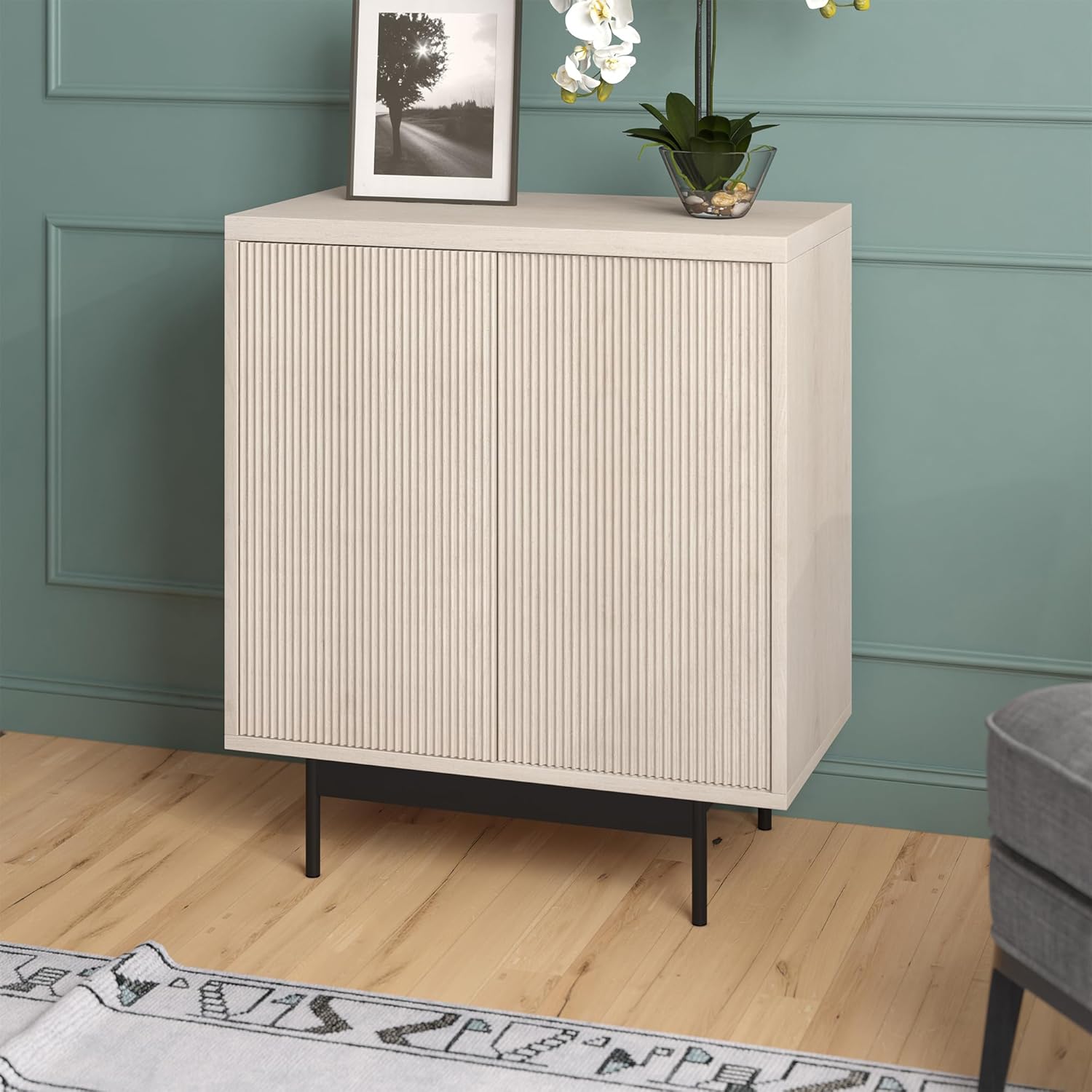 Henn&Hart 28" Fluted Accent Cabinet, Ribbed Modern Sideboard Buffet Cabinet with 2 Doors and an Adjustable Shelf for Living Room, Dining Room, Bedroom or Entryway, Beech White