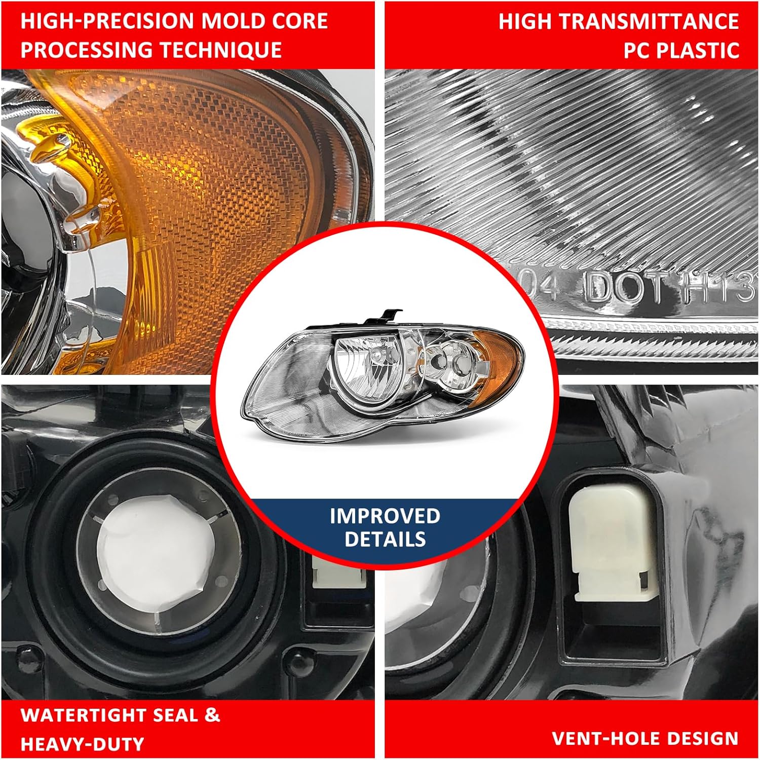 Headlight Assembly for Chrysler Town & Country 2005 2006 2007 Chrome Housing Amber Reflector Replacement Pair（W/O Bulbs）